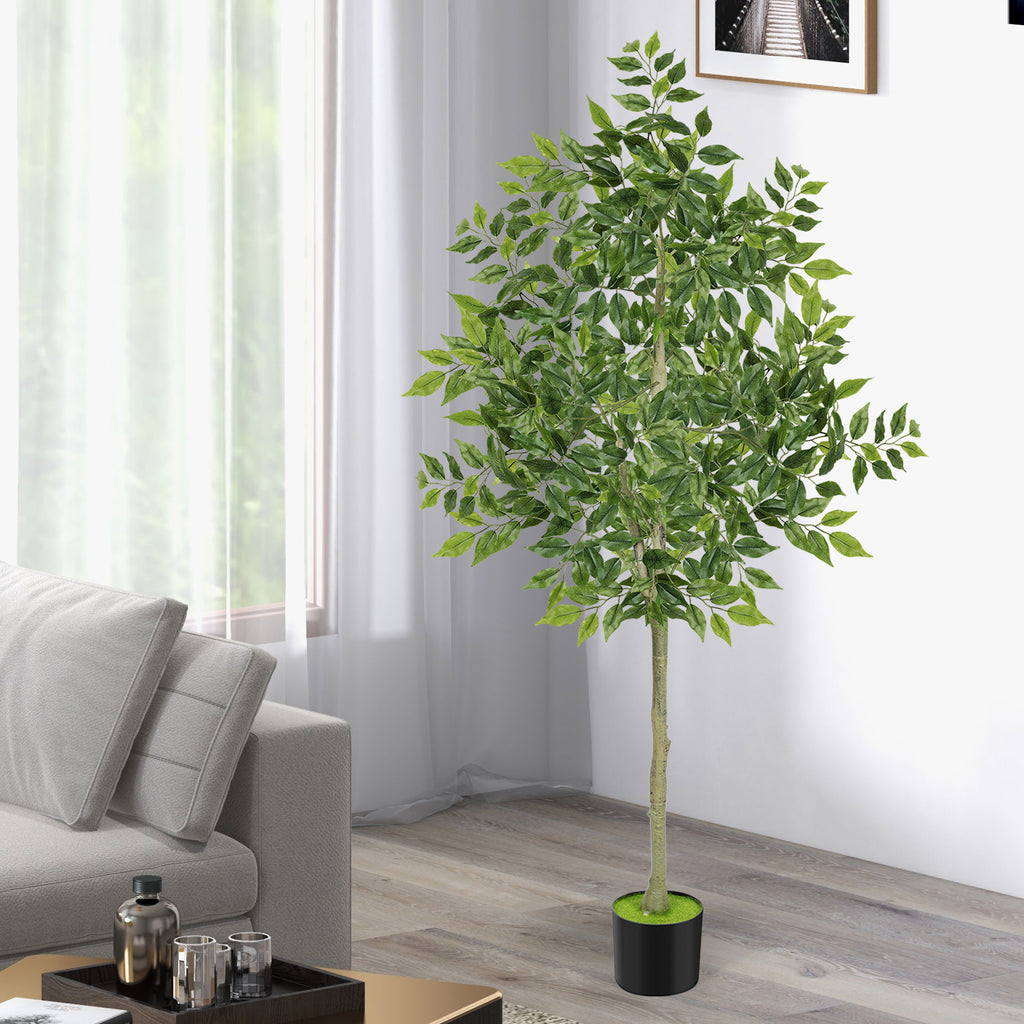 6ft Artificial Ficus Tree, Tall Lifelike Silk Leaf Plant with Real Wood Trunk for Indoor Home and Office Floor Decoration