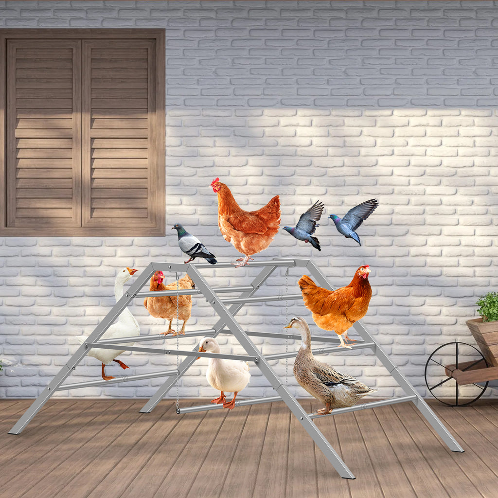 Metal Chicken Perch Ladder with Swing, Large Roosting Bar for Coop, Backyard Poultry Gym Stand for 10-12 Chickens, Grey