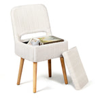 White Faux Rabbit Fur Vanity Chair with Storage & Foldable Cutout Back, Upholstered Makeup Stool with Solid Wood Legs, 330 LBS Capacity Padded Ottoman Seat for Bedroom, Makeup Room, Dressing Table