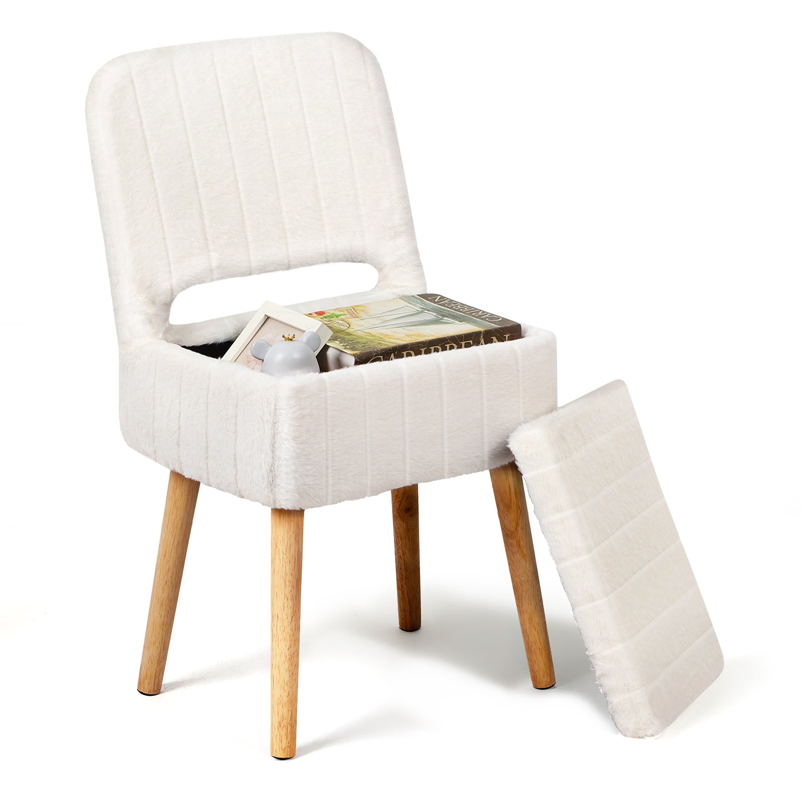 White Faux Rabbit Fur Vanity Chair with Storage & Foldable Cutout Back, Upholstered Makeup Stool with Solid Wood Legs, 330 LBS Capacity Padded Ottoman Seat for Bedroom, Makeup Room, Dressing Table