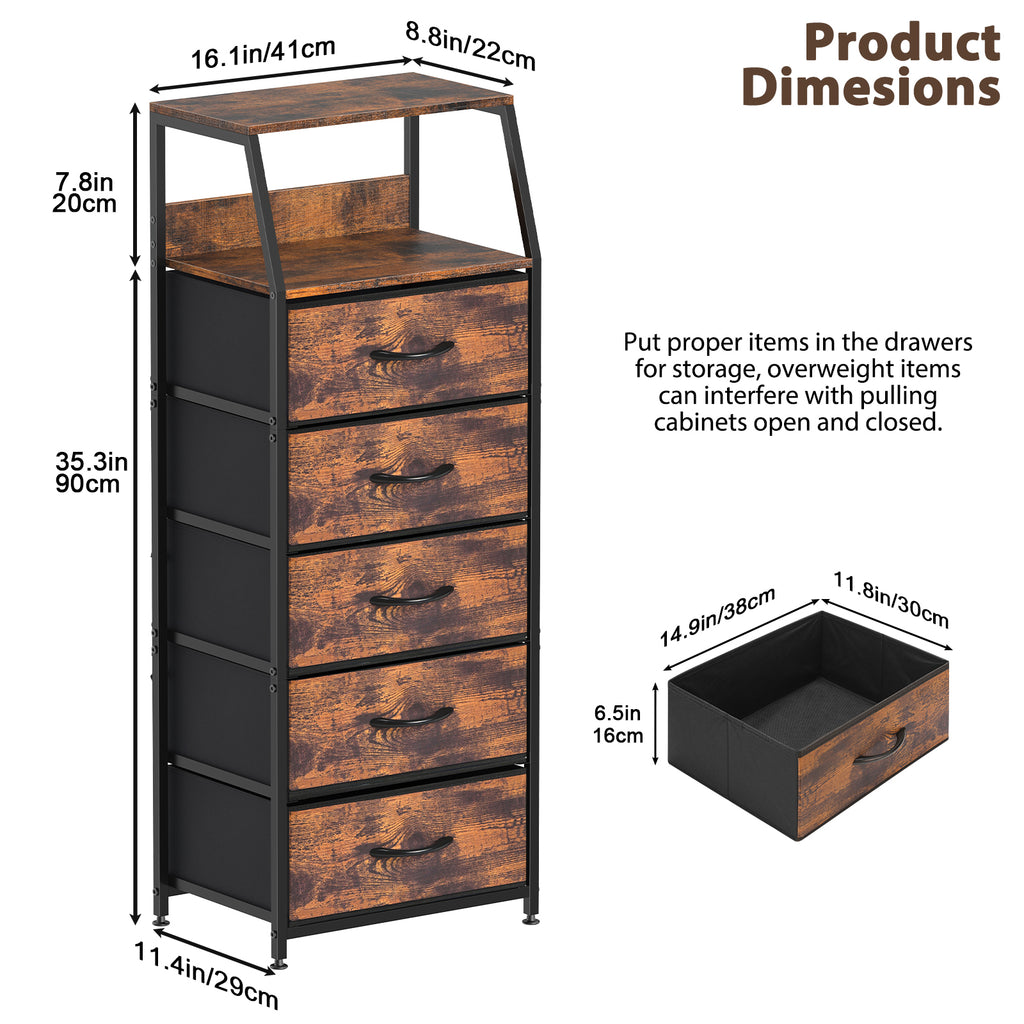 5-Drawer Tall Fabric Dresser - Brown Chest of Drawers with 2-Tier Wood Top for Small Spaces