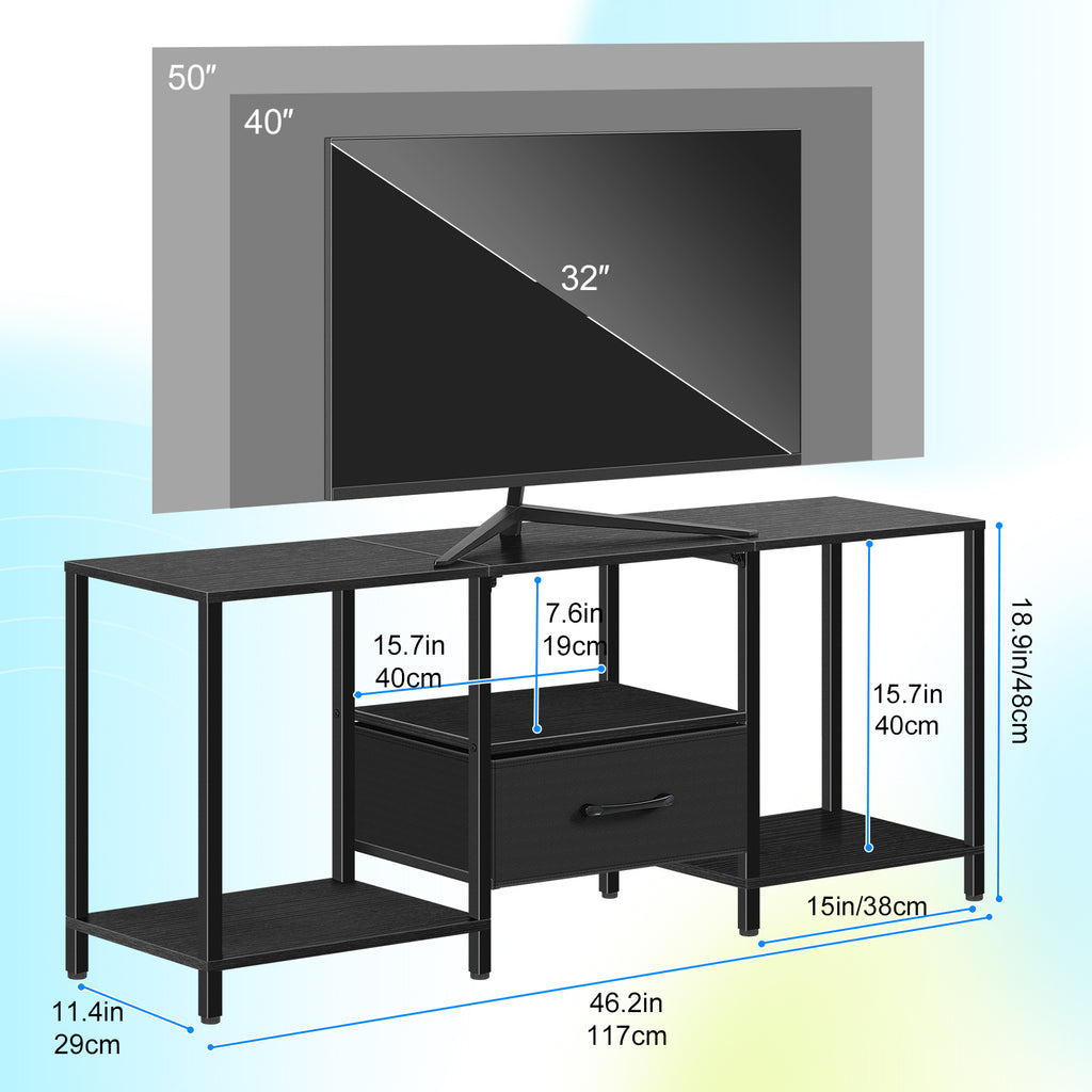 46inch TV Stand with Fabric Drawer, 3-Tier Media Console with Adjustable Feet for 55inch TV