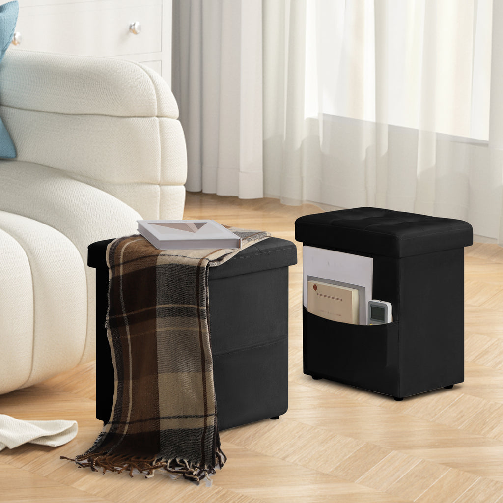 Set of 2 Black Storage Ottoman Foot Stools, Tufted Upholstered Foot Rest with Side Pocket, Collapsible Cube Ottoman Bench Max 500 LBS Capacity for Living Room, Bedroom, Sofa Side