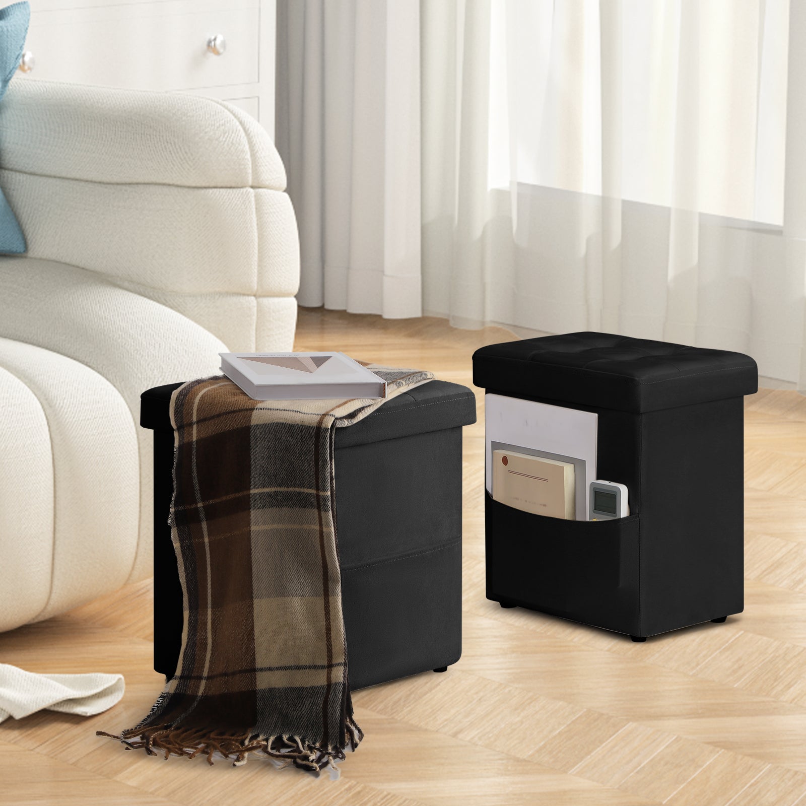 Set of 2 Black Storage Ottoman Foot Stools, Tufted Upholstered Foot Rest with Side Pocket, Collapsible Cube Ottoman Bench Max 500 LBS Capacity for Living Room, Bedroom, Sofa Side