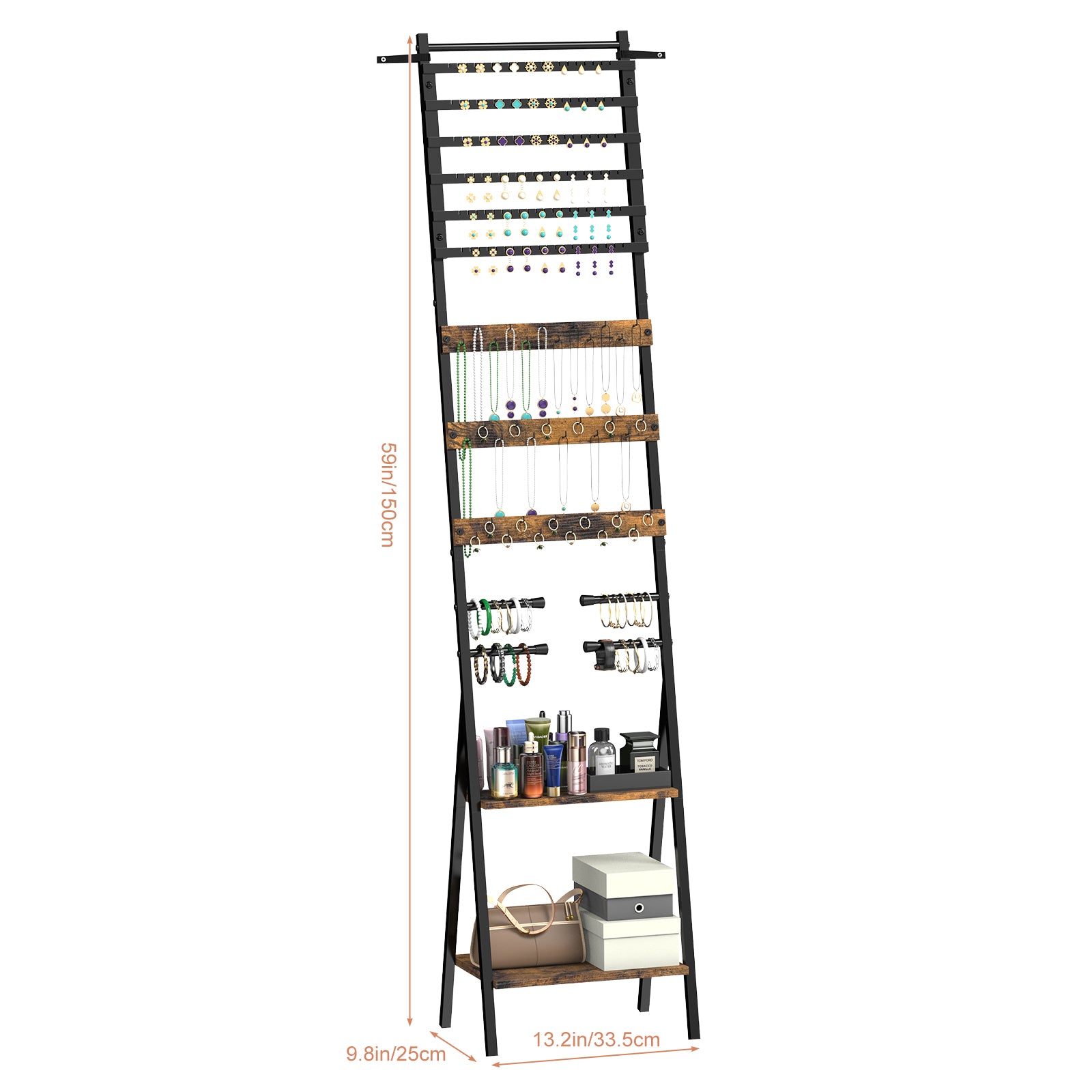 Floor-Standing Jewelry Organizer Mirror with Storage Shelves