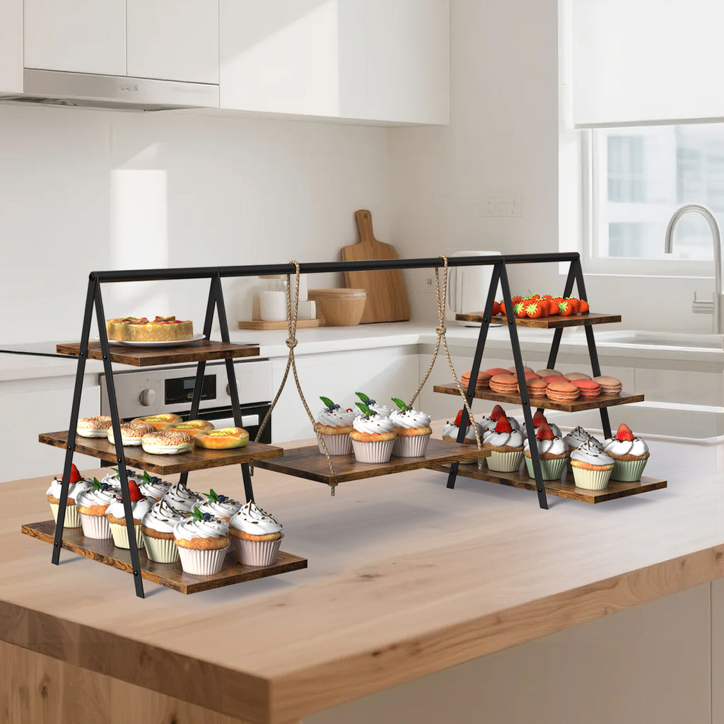 Rustic Wooden 3-Tier Cupcake Stand with Hanging Swing Shelf