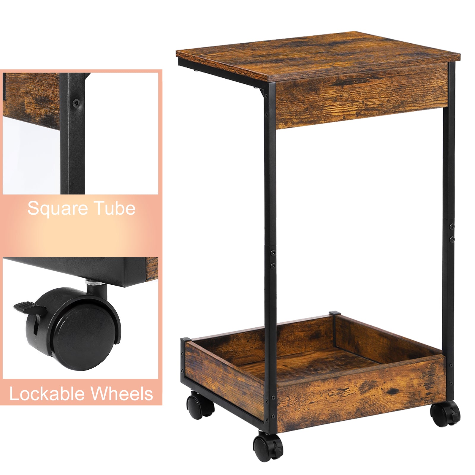 Set of 2 C-Shaped End Tables with Rolling Casters, Mobile Sofa Side Table for Laptop & Coffee, Rustic Wood Snack Table for Living Room & Bedroom,