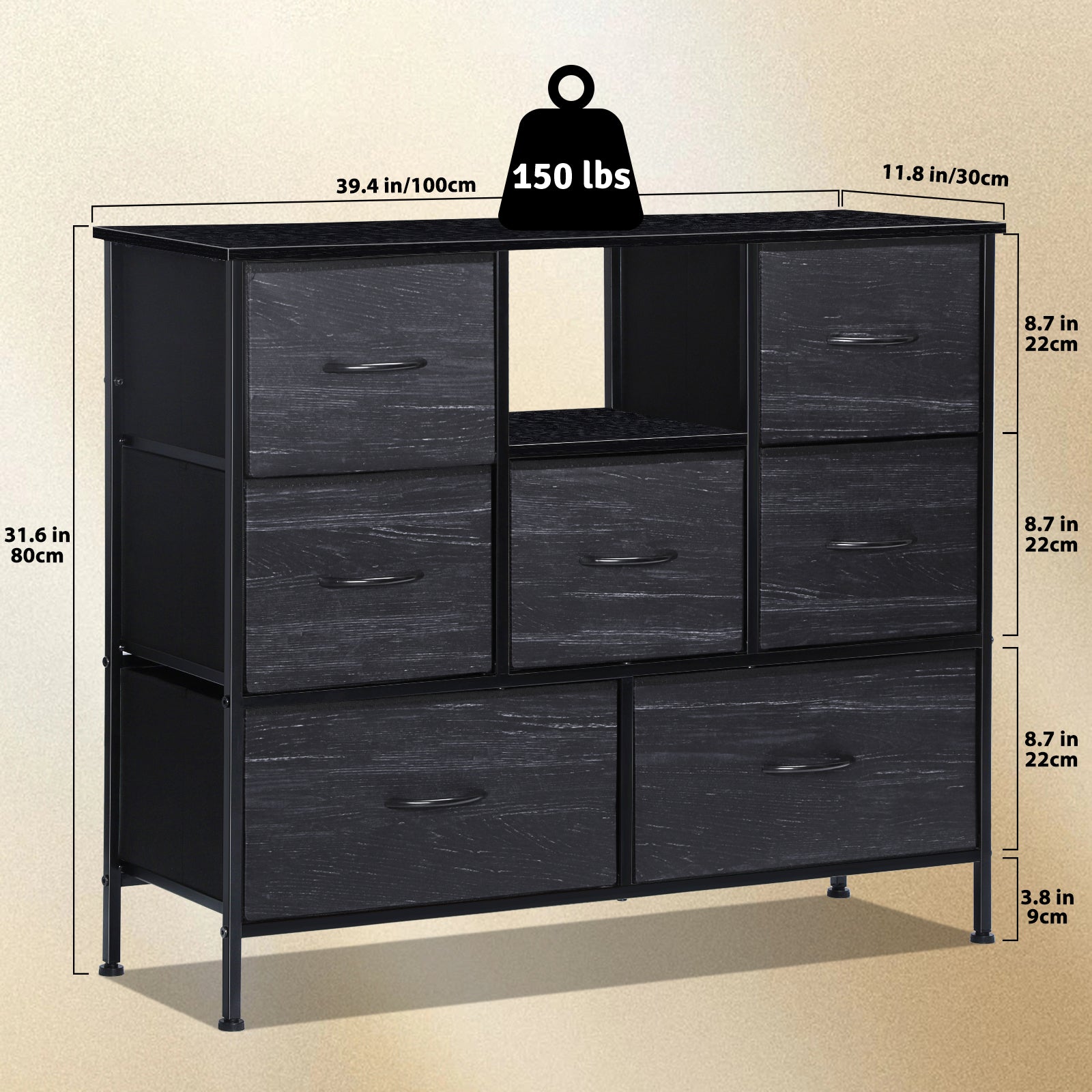Dresser TV Stand for up to 55inch TV - Black Entertainment Center with Fabric Storage Drawers