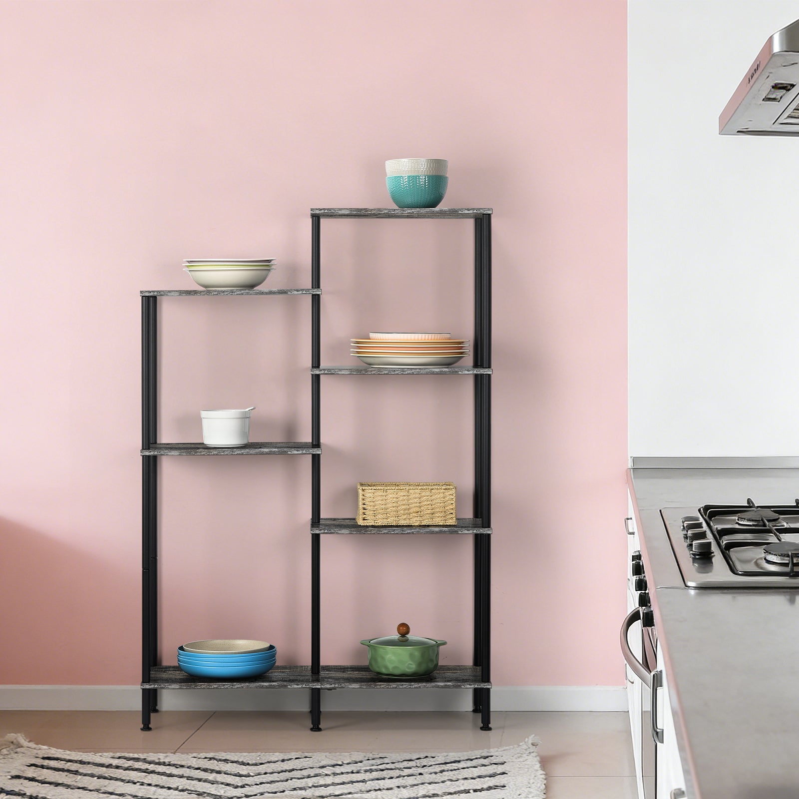 6-Tier Geometric Open Bookshelf - Farmhouse Floor Standing Display Rack & Storage Unit, Grey,