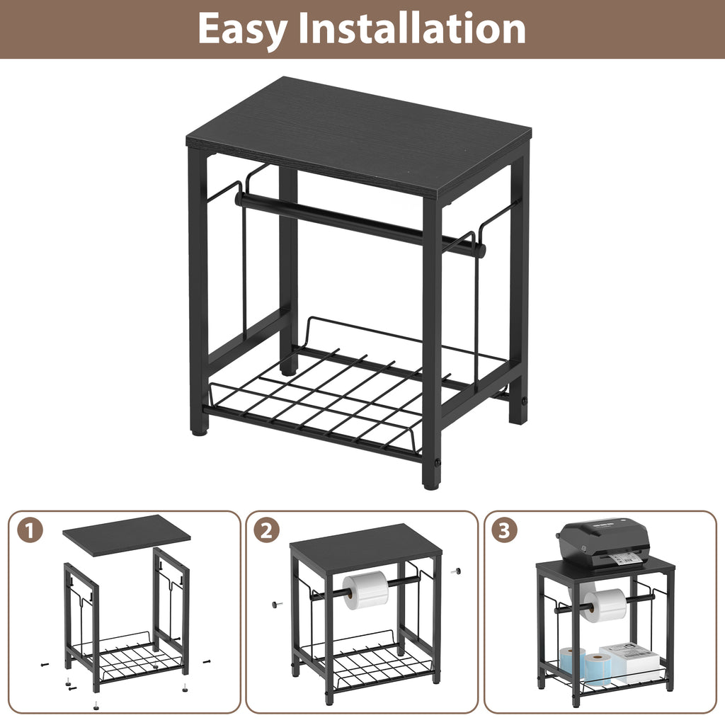 Heavy Duty Printer Stand with Label Roll Holder, 2-Tier Industrial Under Desk Printer Table with Storage Basket, Small Machine Stand for Thermal Shipping Label Printers, Home Office & Shipping Station, Black