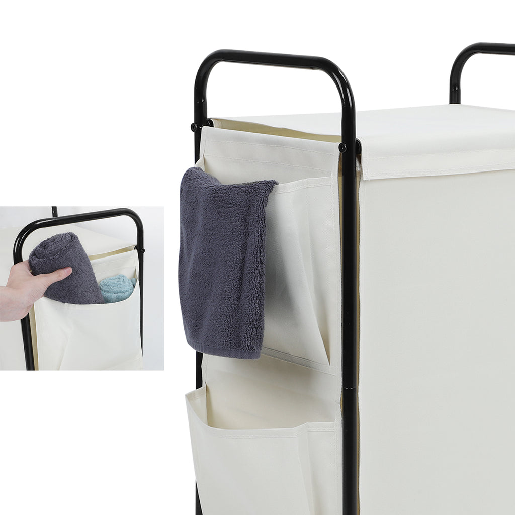 Slim Rolling Laundry Basket with Wheels - Narrow Laundry Hamper with Side Pockets, Portable Dirty Clothes Storage Organizer for Laundry Room, Bedroom and Small Spaces, White