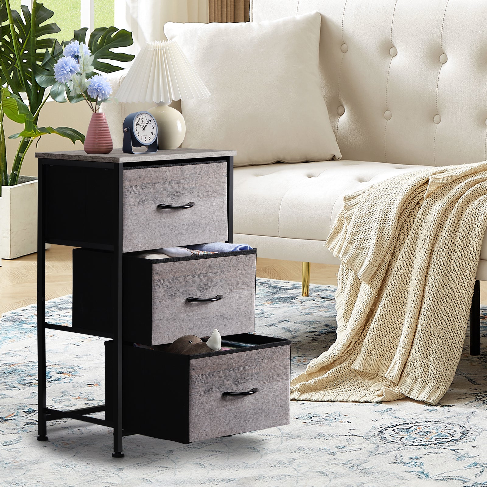3-Drawer Fabric Nightstand Dresser - Small Storage Tower for Bedroom & Closets