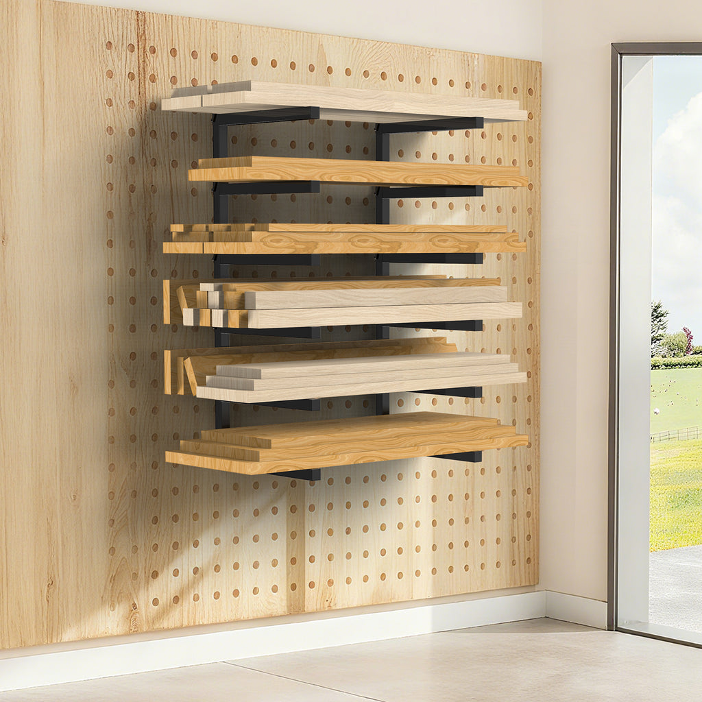 6-Level Wall-Mounted Lumber Rack - Vertical Wood Storage Organizer for Indoor and Outdoor Workshop
