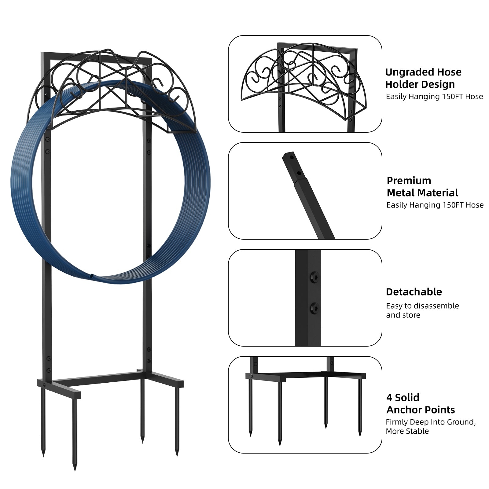 Decorative Butterfly Freestanding Garden Hose Rack, 150-Foot Capacity Heavy-Duty Black Metal Water Hose Storage for Outdoor Yard and Lawn