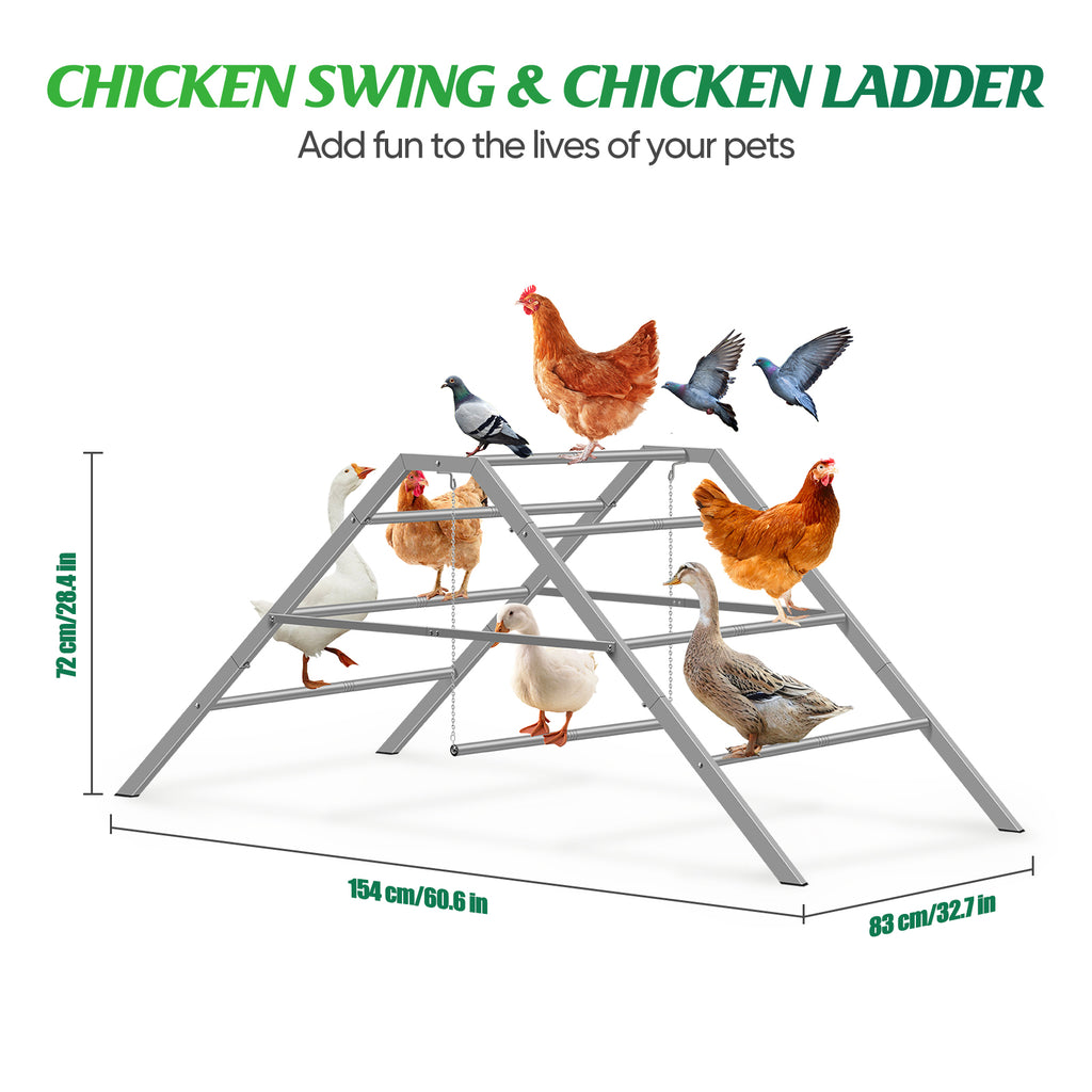 Metal Chicken Perch Ladder with Swing, Large Roosting Bar for Coop, Backyard Poultry Gym Stand for 10-12 Chickens, Grey