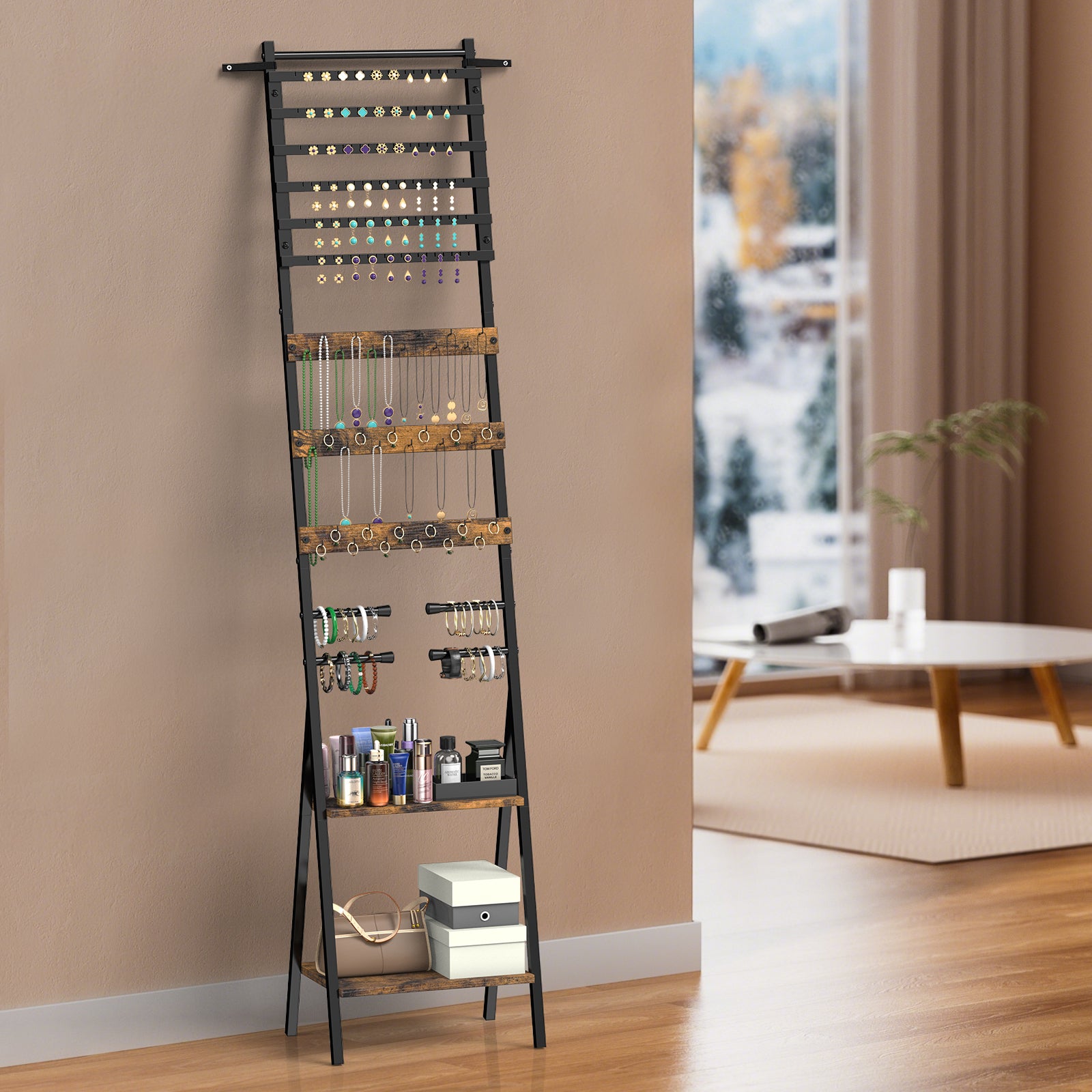 Floor-Standing Jewelry Organizer Mirror with Storage Shelves