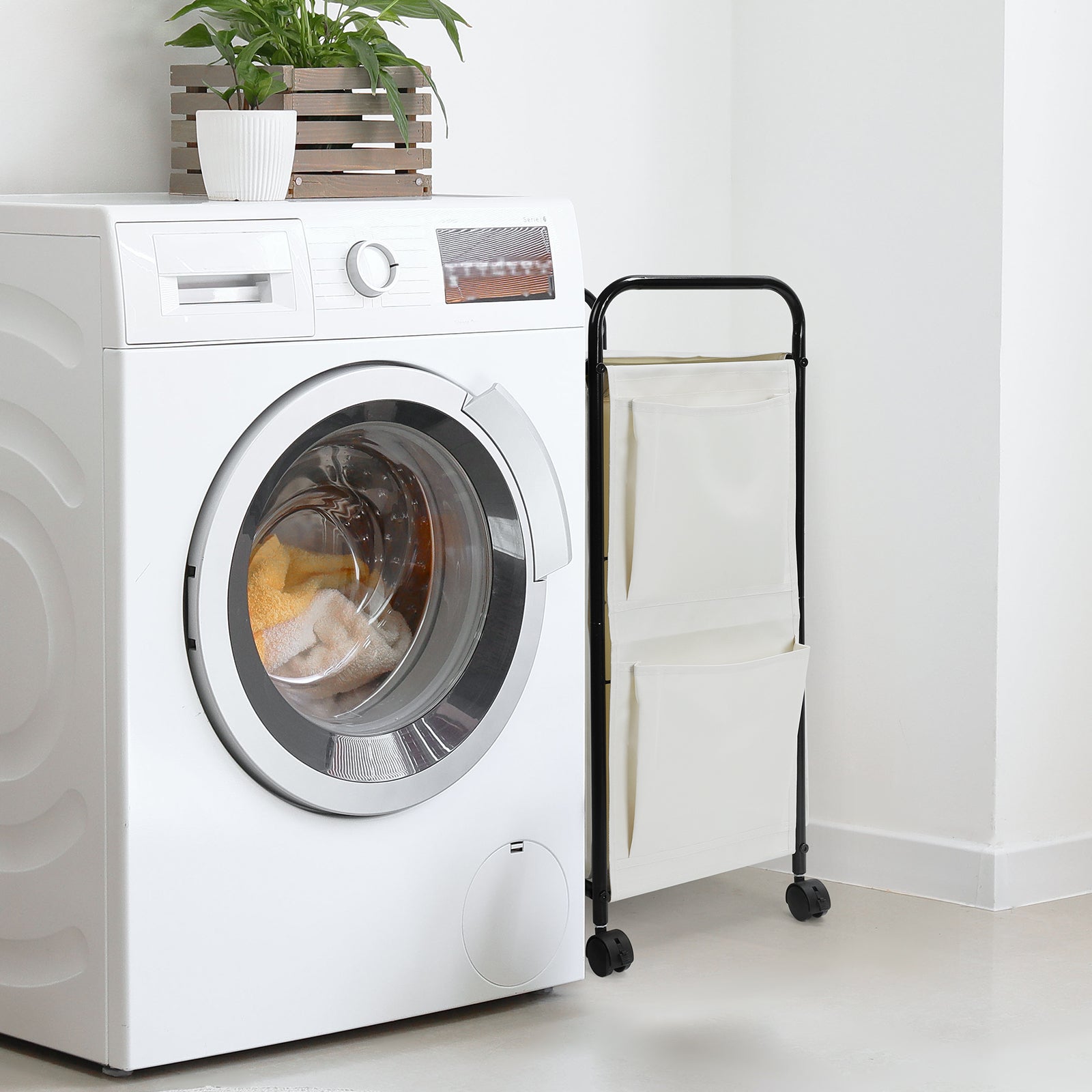 Slim Rolling Laundry Basket with Wheels - Narrow Laundry Hamper with Side Pockets, Portable Dirty Clothes Storage Organizer for Laundry Room, Bedroom and Small Spaces, White
