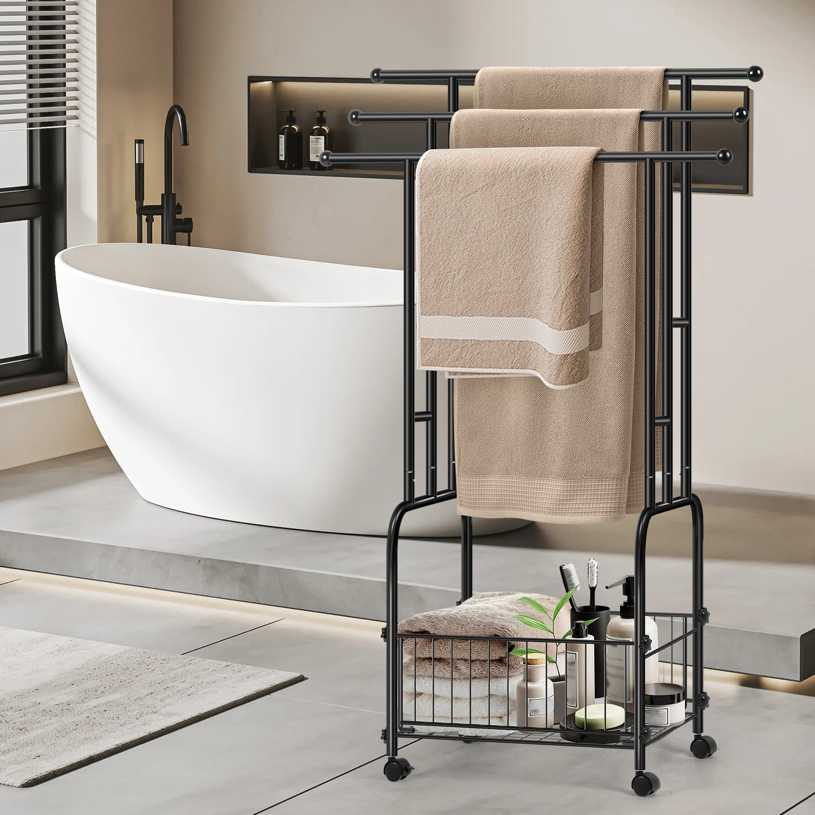 Rolling Towel Rack with Storage Basket, 3-Tier Metal Stand for Bathroom & Outdoor Pool