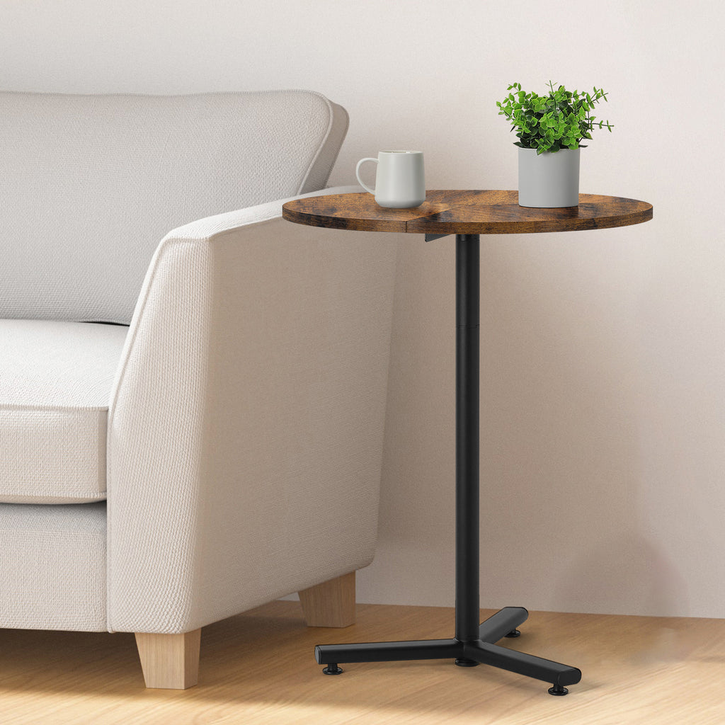 Round Pedestal Side Table - Adjustable Height Industrial End Table for Small Spaces & Sofa, Rustic Brown,