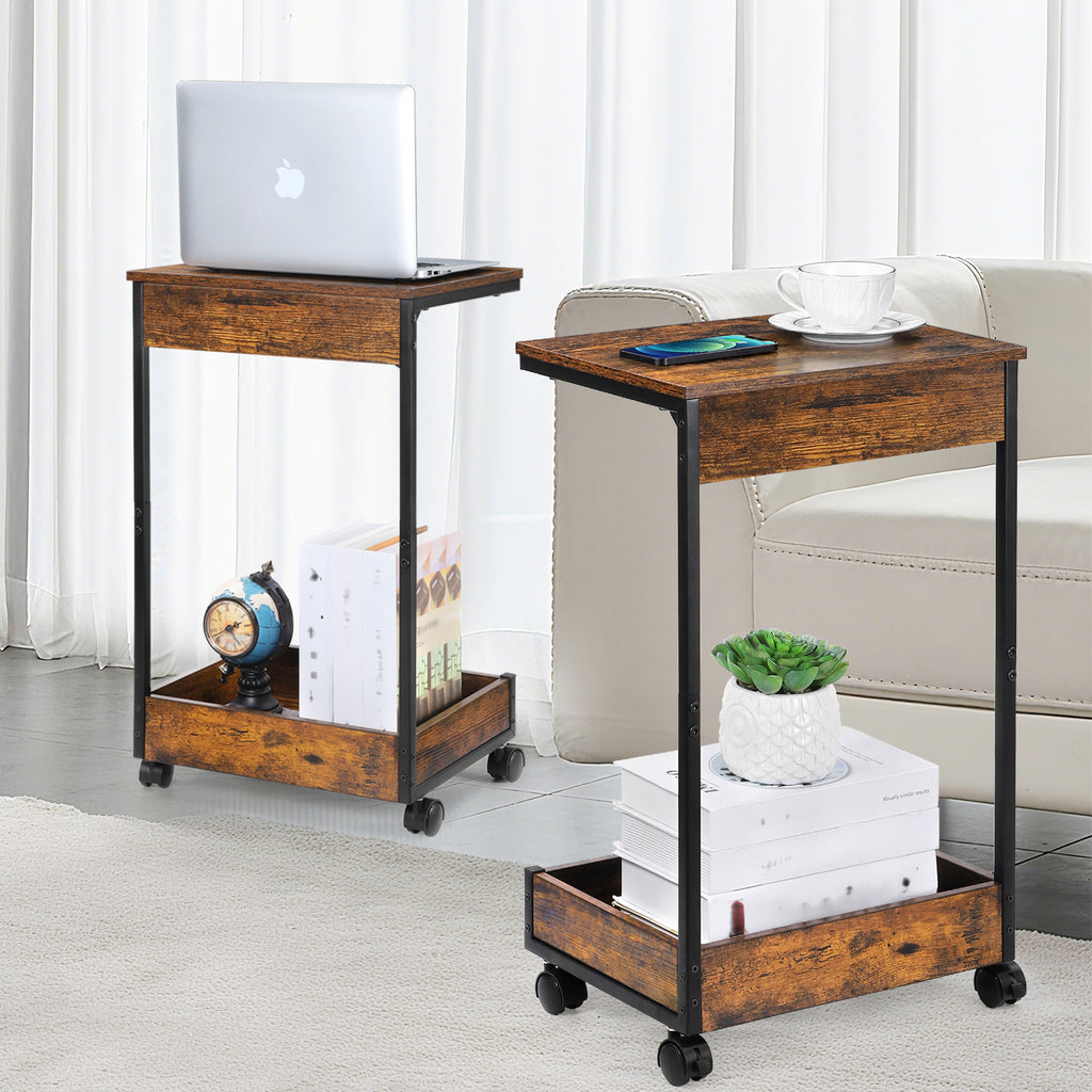 Set of 2 C-Shaped End Tables with Rolling Casters, Mobile Sofa Side Table for Laptop & Coffee, Rustic Wood Snack Table for Living Room & Bedroom,