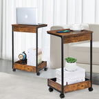 Set of 2 C-Shaped End Tables with Rolling Casters, Mobile Sofa Side Table for Laptop & Coffee, Rustic Wood Snack Table for Living Room & Bedroom,