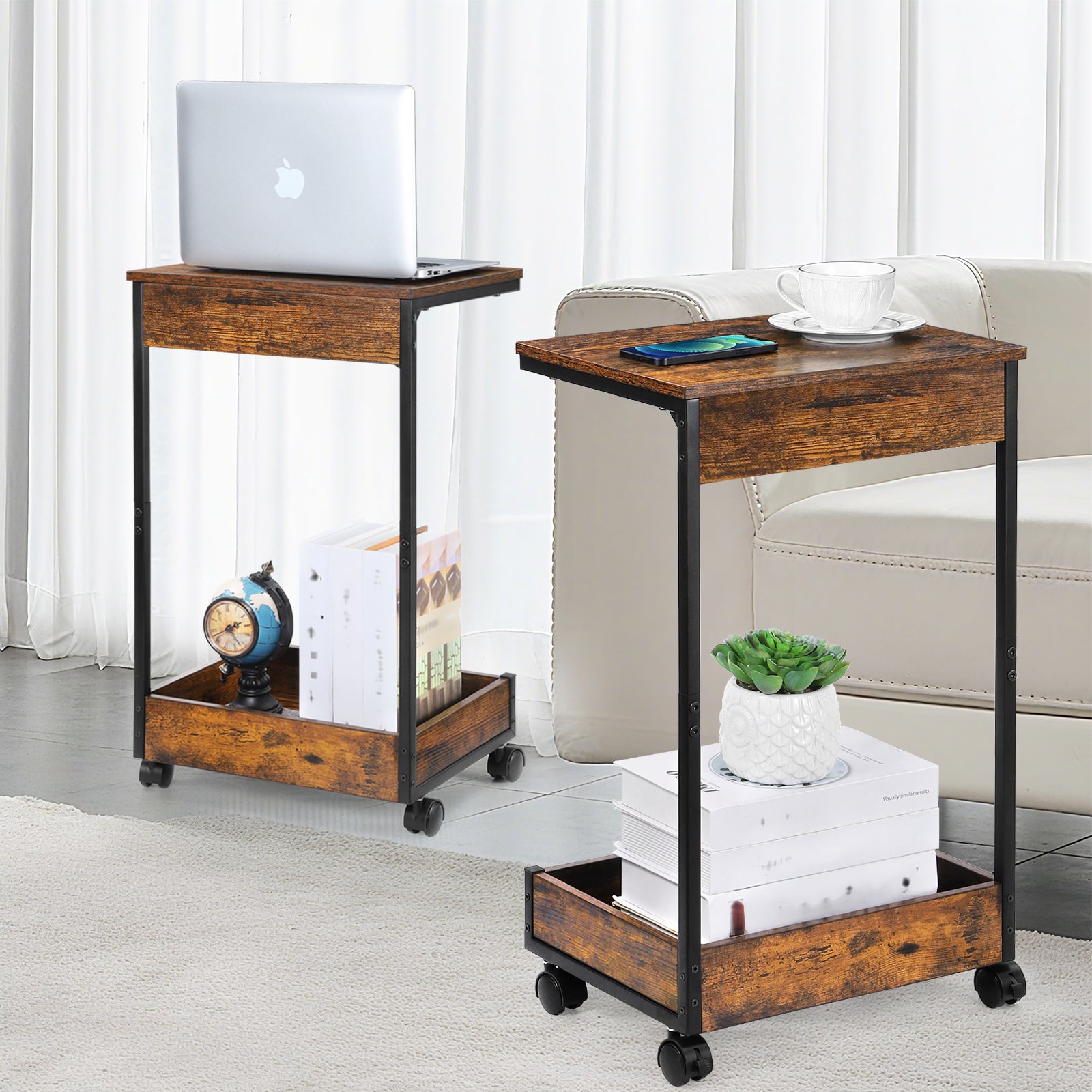 Set of 2 C-Shaped End Tables with Rolling Casters, Mobile Sofa Side Table for Laptop & Coffee, Rustic Wood Snack Table for Living Room & Bedroom,