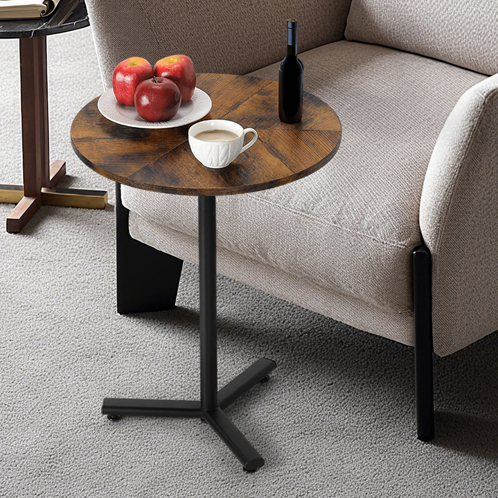 Round Pedestal Side Table - Adjustable Height Industrial End Table for Small Spaces & Sofa, Rustic Brown,