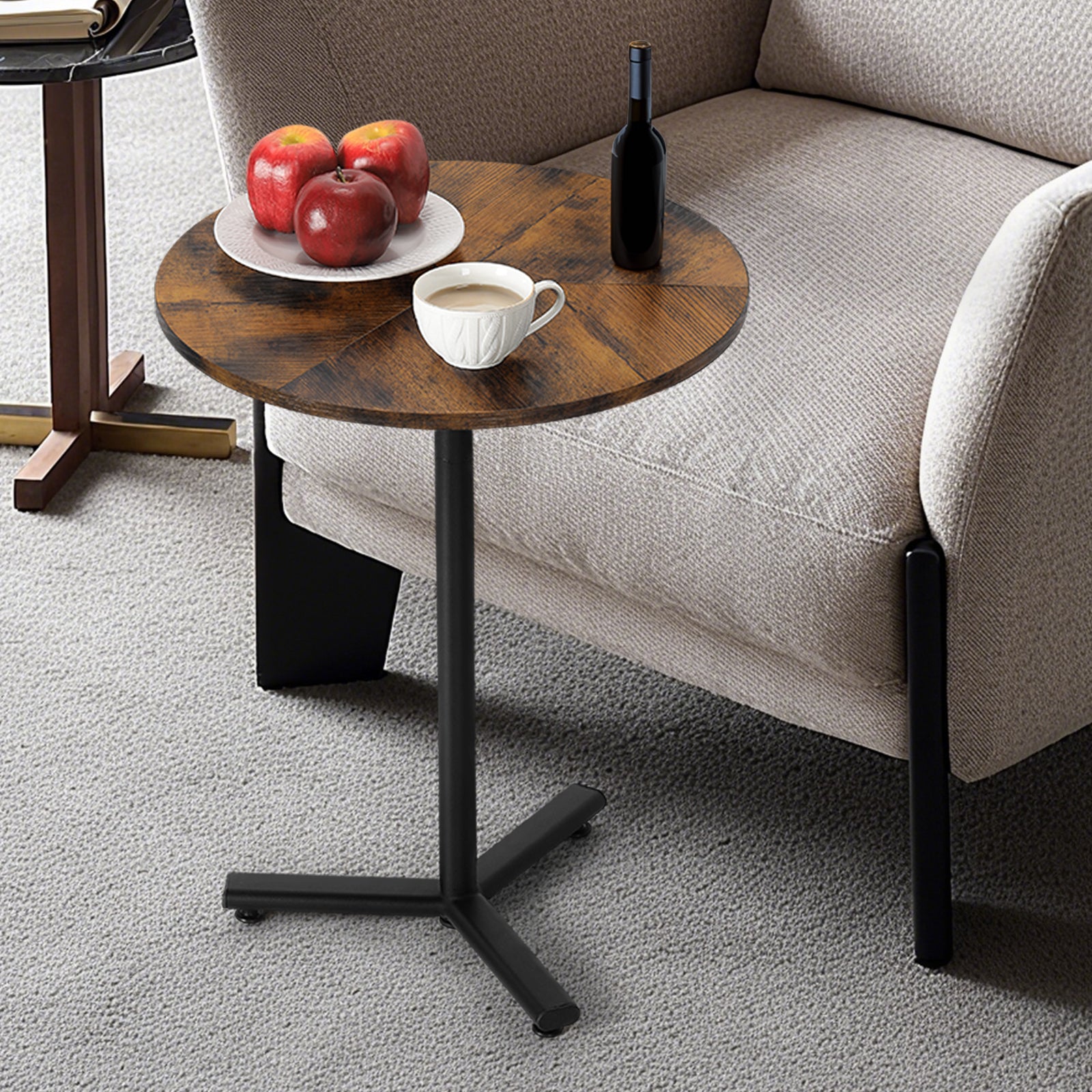 Round Pedestal Side Table - Adjustable Height Industrial End Table for Small Spaces & Sofa, Rustic Brown,