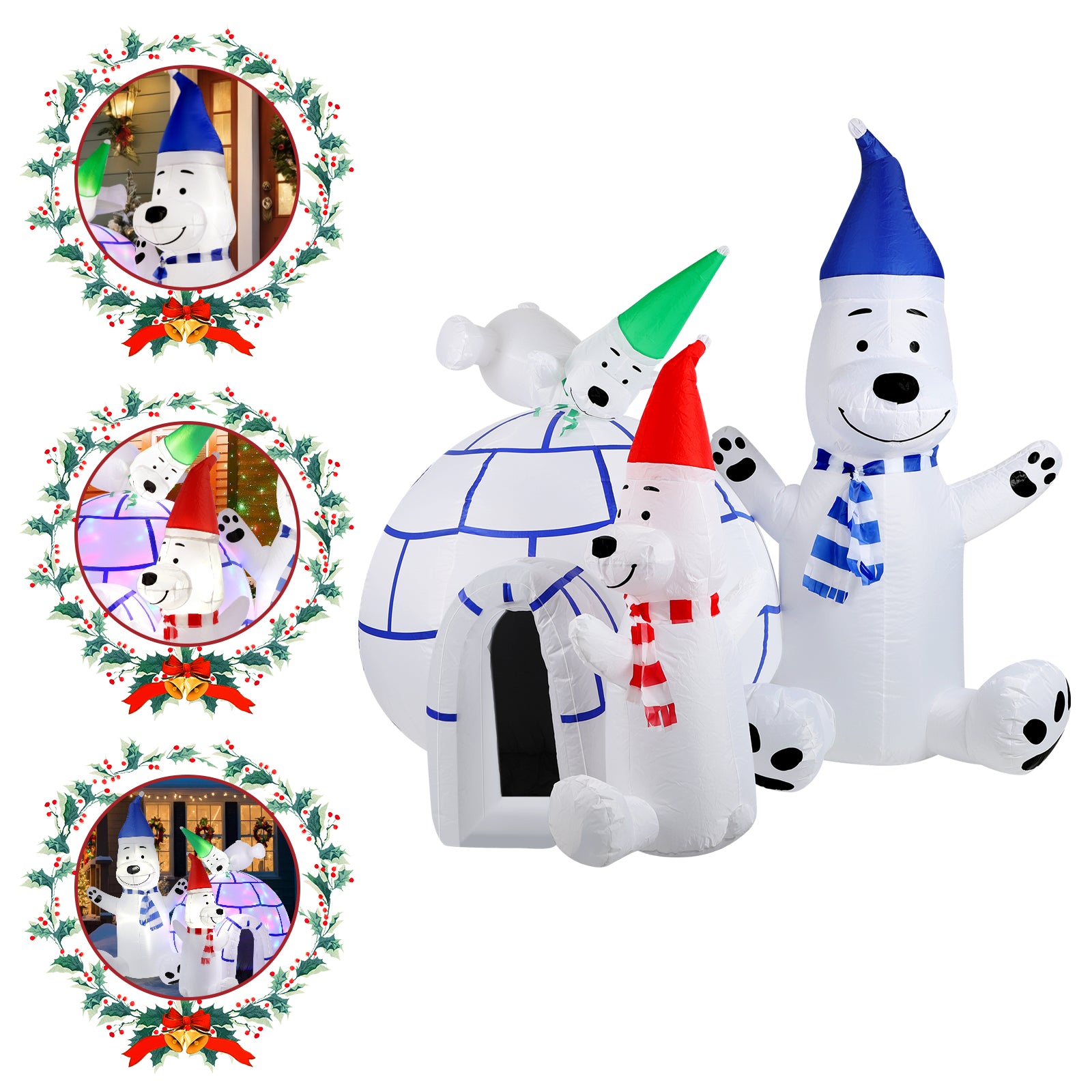 6FT Christmas Inflatable Polar Bear & Igloo Set, 3 Polar Bears with Colorful LEDs, Blow Up Yard Decor