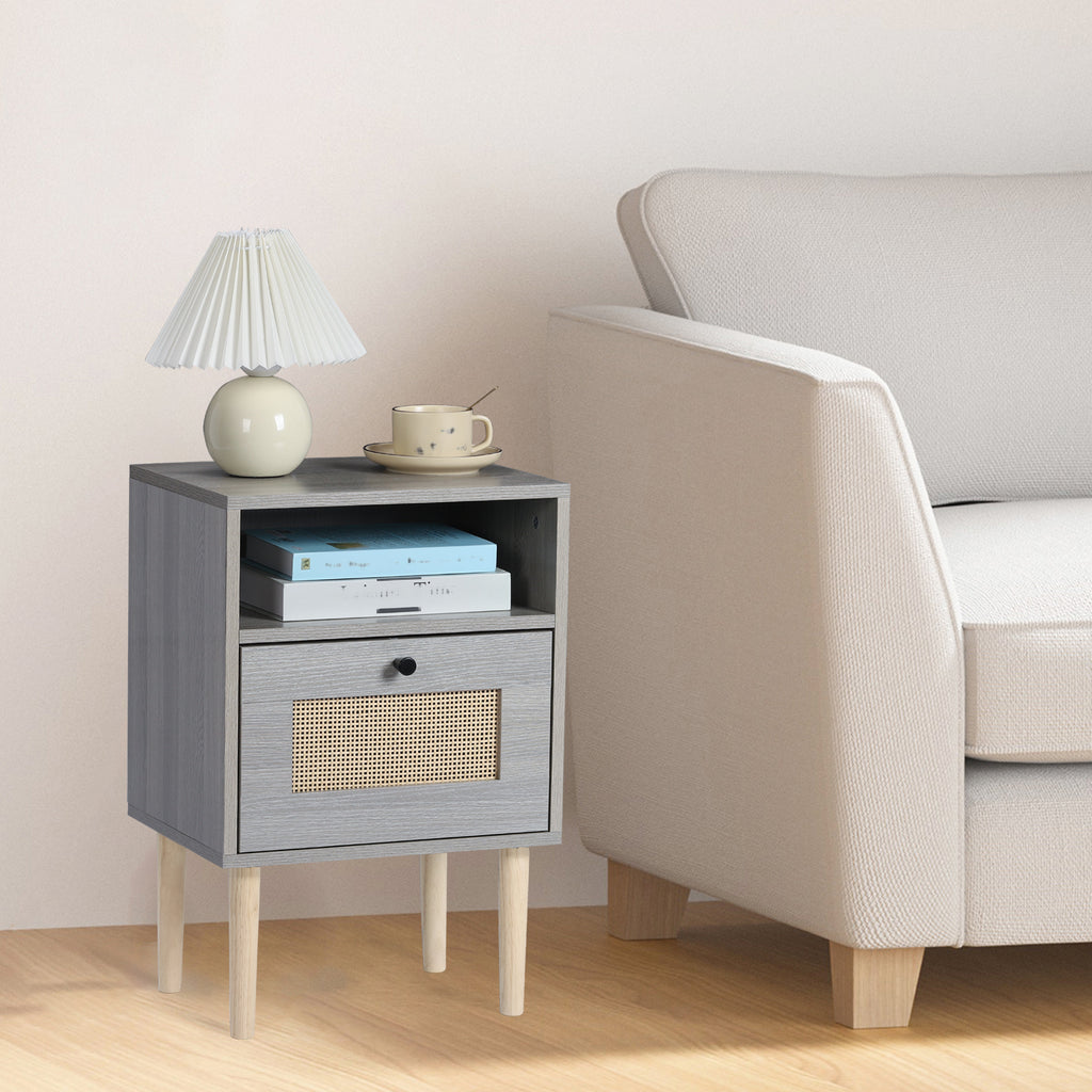 Mid-Century Modern Rattan Nightstand - Boho Grey Side Table with Drawer for Bedroom