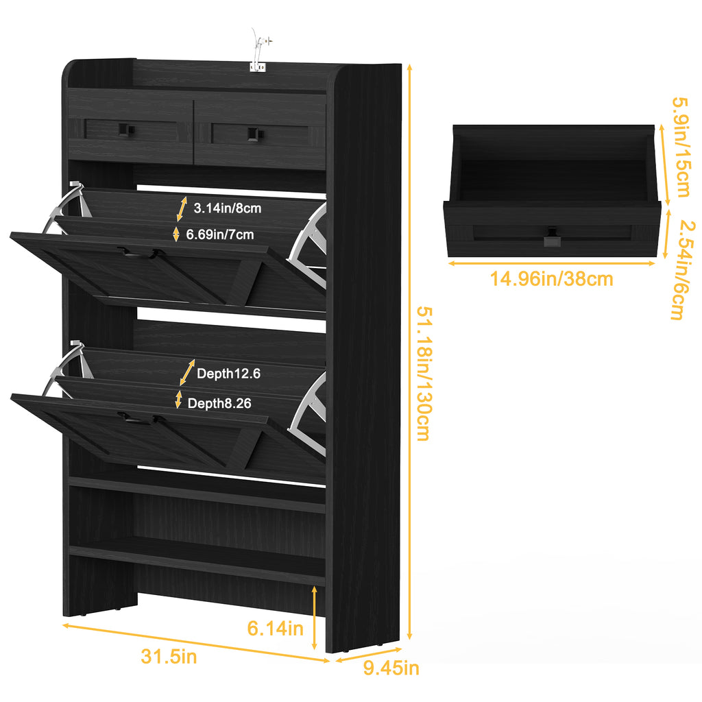 Modern 3-Tier Flip Drawer Shoe Cabinet - Narrow Entryway Organizer for 24-32 Pairs, Black Farmhouse Style
