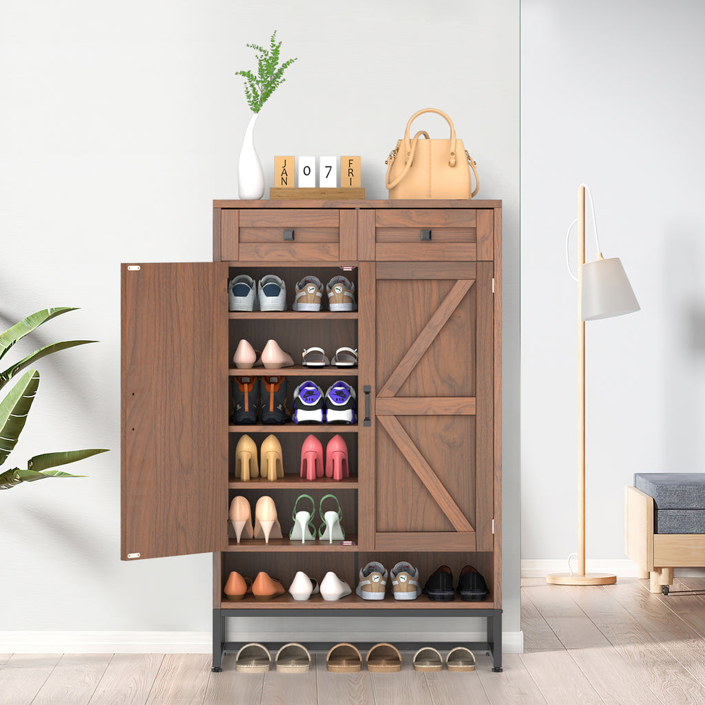 Rustic Brown Freestanding Shoe Storage Cabinet - Barn-Door Style Entryway Organizer with Adjustable Shelves