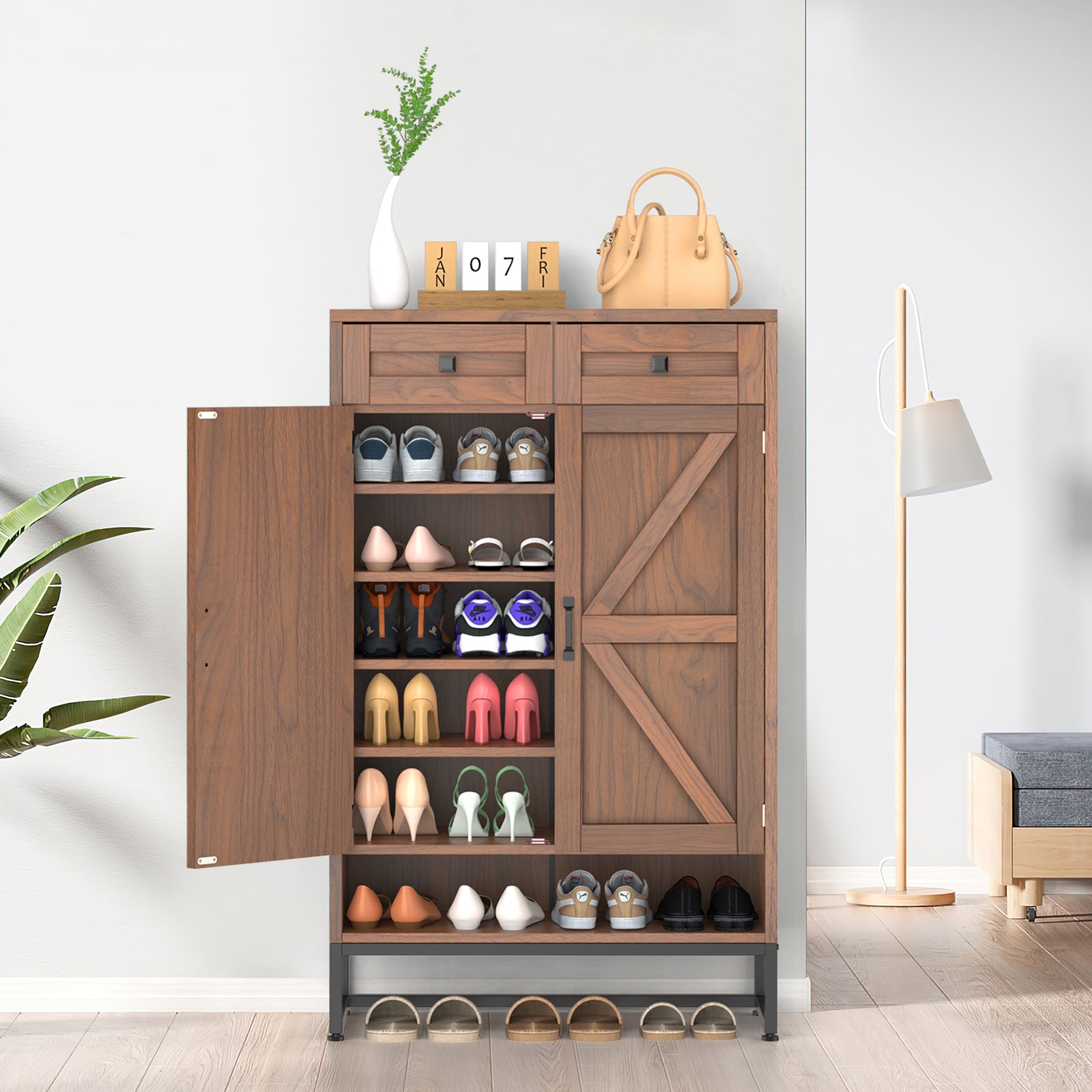 Rustic Brown Freestanding Shoe Storage Cabinet - Barn-Door Style Entryway Organizer with Adjustable Shelves