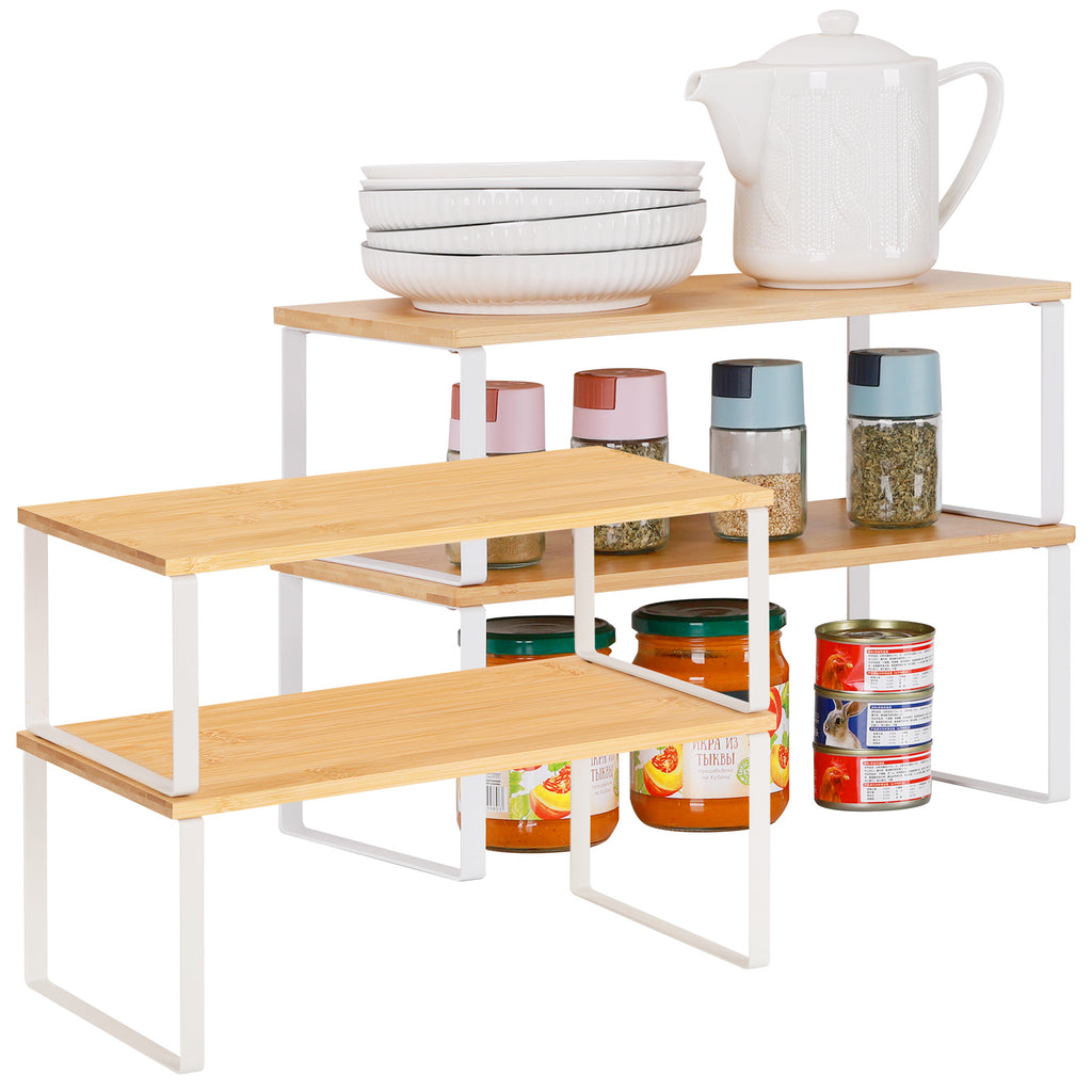 4-Piece Premium Kitchen Cabinet Shelf Risers â€“ Expandable Pantry & Countertop Storage Solution