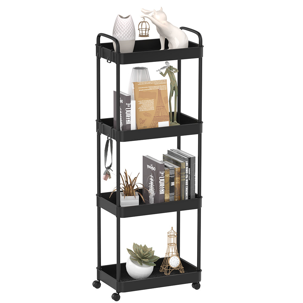 4-Tier Plastic Rolling Utility Cart with Handle, Hooks, Multi-Functional Storage Trolley for Office, Living Room, Kitchen, Movable Storage Organizer with Wheels