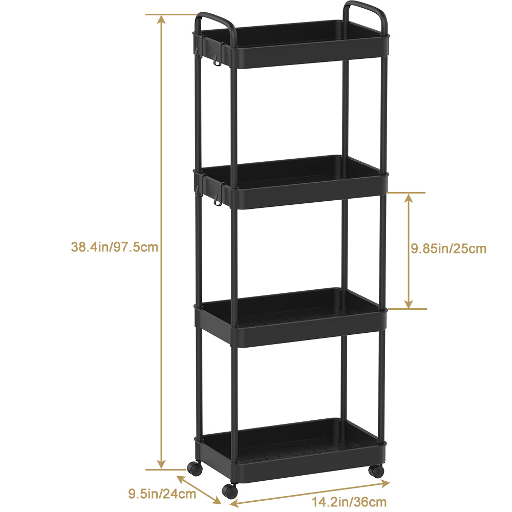 4-Tier Plastic Rolling Utility Cart with Handle, Hooks, Multi-Functional Storage Trolley for Office, Living Room, Kitchen, Movable Storage Organizer with Wheels