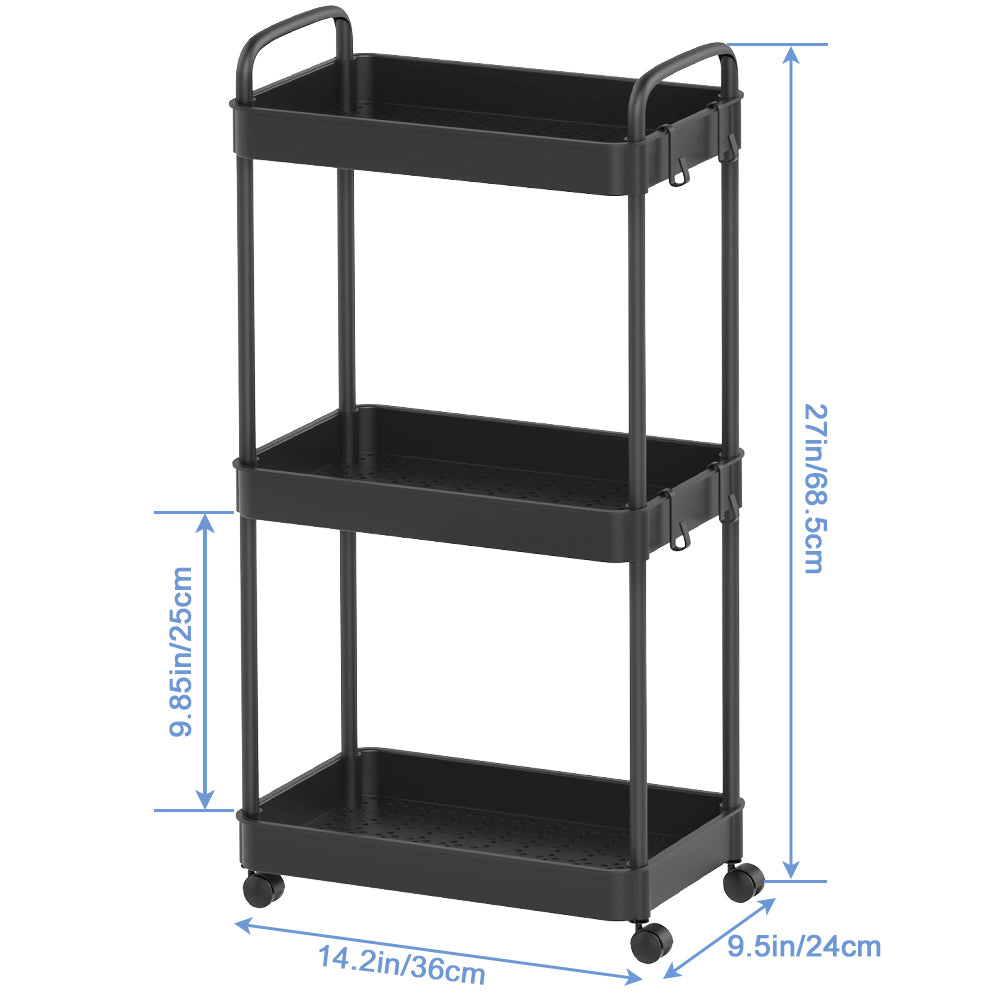 3-layer storage rack - black, three-layer roller cart with wheels and handles. Suitable for offices, living rooms, and laundry rooms.