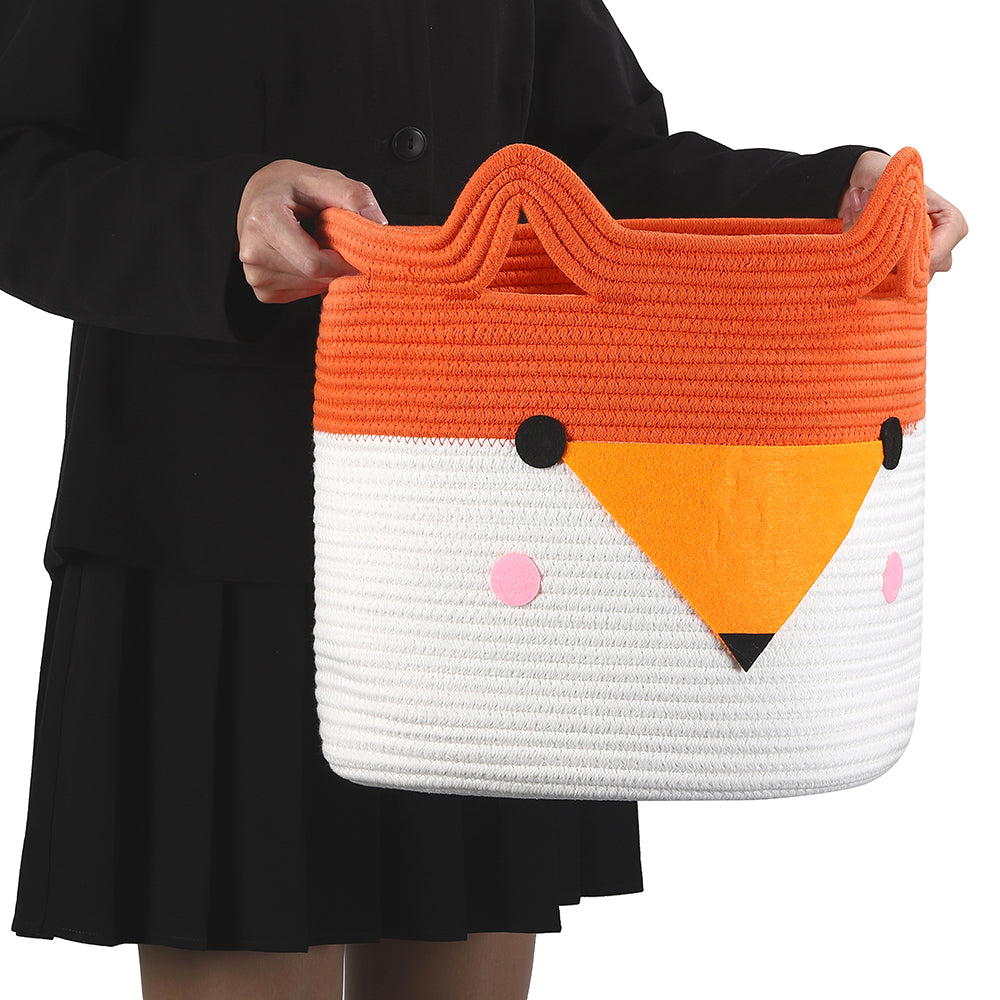 Bear Fox Cat Woven Cotton Rope Baskets, Baby Nursery Laundry Basket with Handle