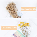 Boho Dried Flower Decor, Fluffy Brown Dried Pampas Grass with Yellow Billy Buttons, Natural Long Dried Grass Stems for Bedroom Bathroom Wedding Centerpiece Vase Fillers