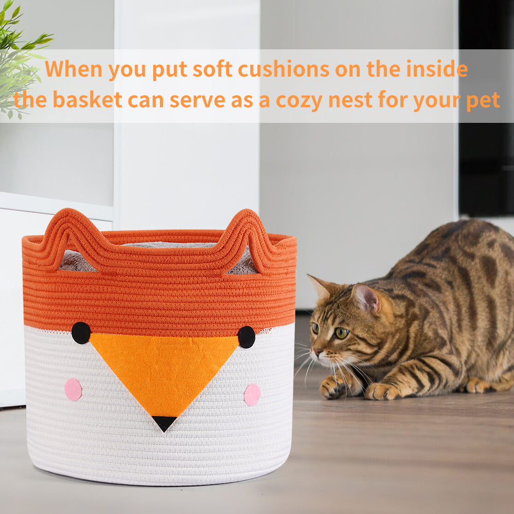Bear Fox Cat Woven Cotton Rope Baskets, Baby Nursery Laundry Basket with Handle
