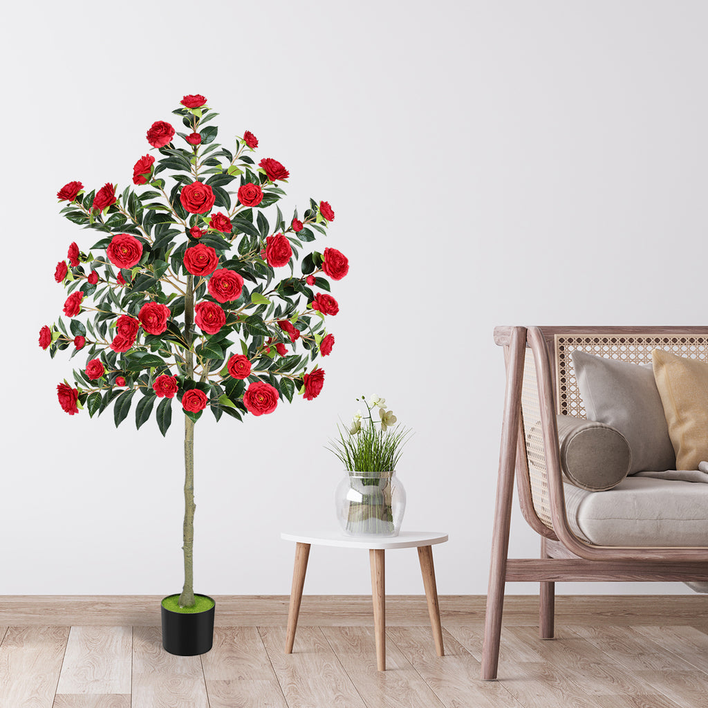 6ft Artificial Camellia Tree, Large Red Faux Blooming Tree in Pot, Tall Silk Floral Plant for Indoor Home Office & Front Door Decor