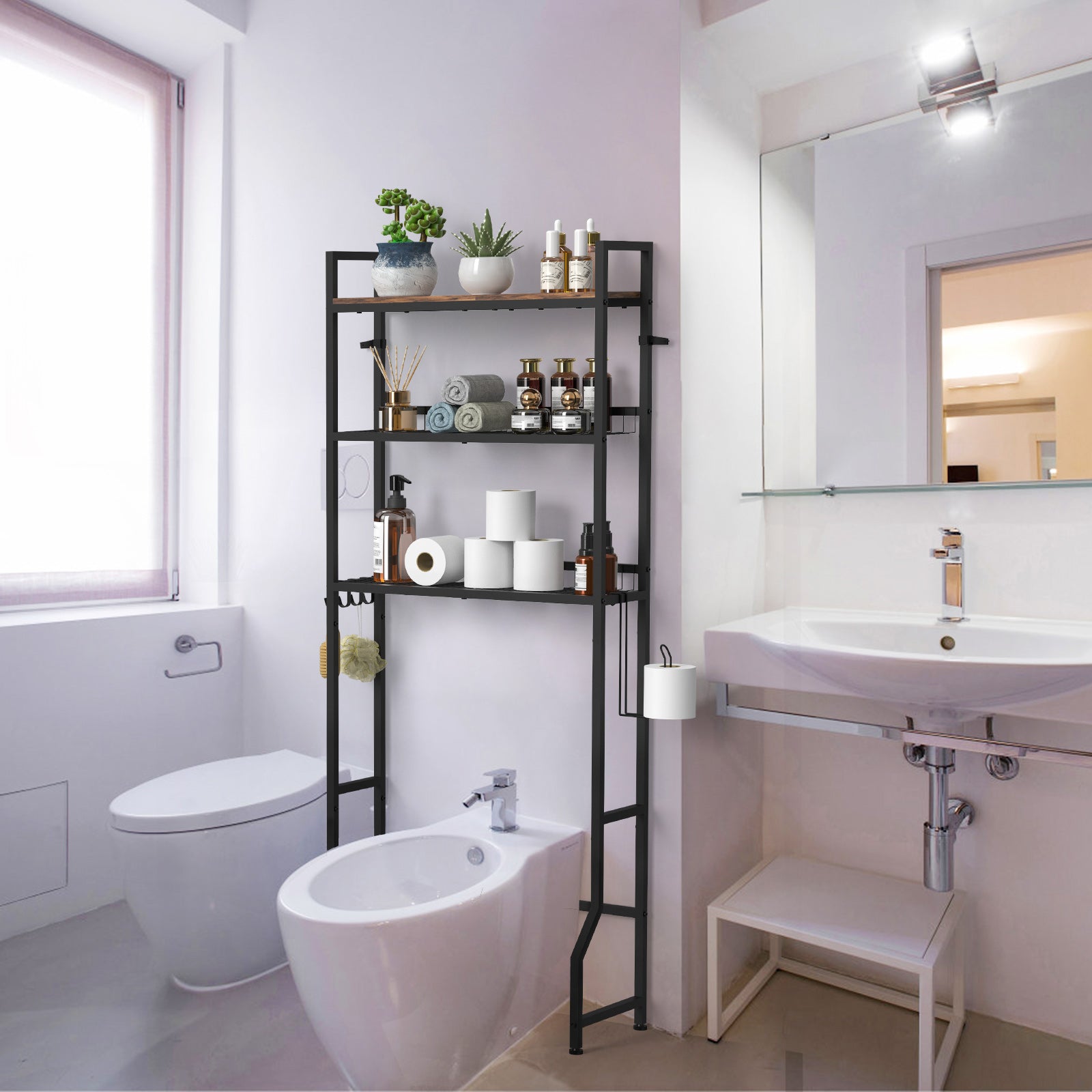Iron & Oak 3-Tier Over-the-Toilet Organizer | Industrial Space-Saving Bathroom Station with Integrated Paper Holder