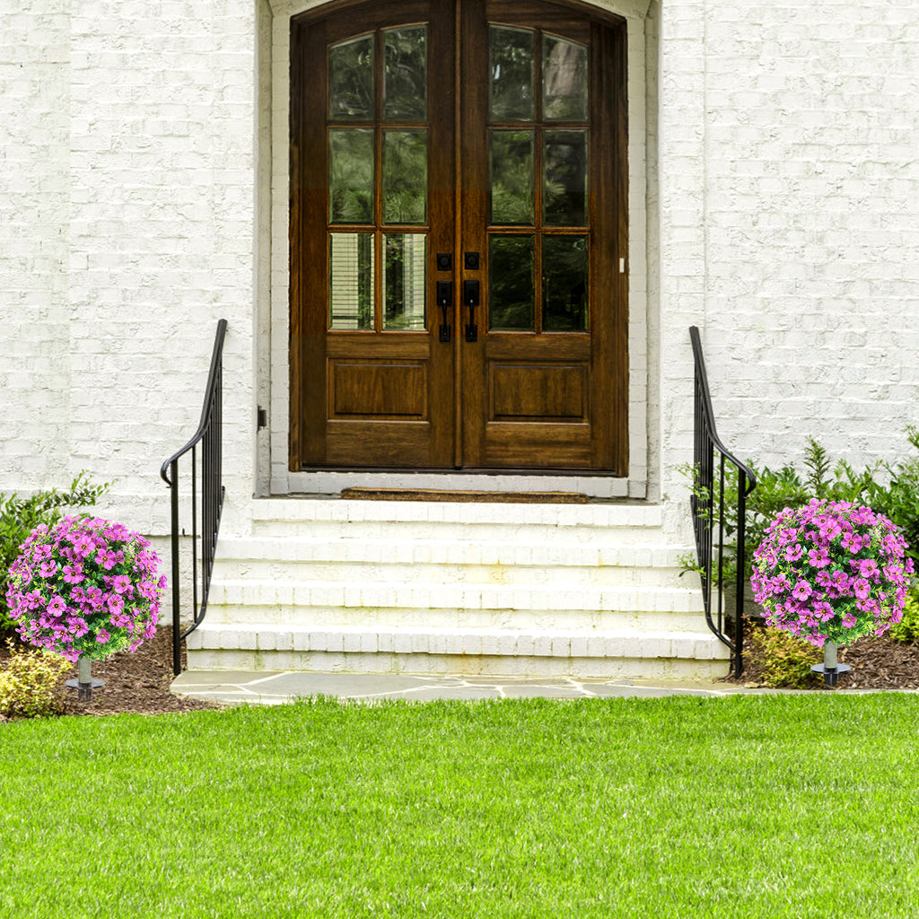 2 Pack Artificial Purple Violet Topiary Ball Trees, 23.6 Inch Fake Flower Ball Plants with Ground Stake, UV Resistant Faux Floral Shrubs for Outdoor Garden, Patio, Front Porch Decor