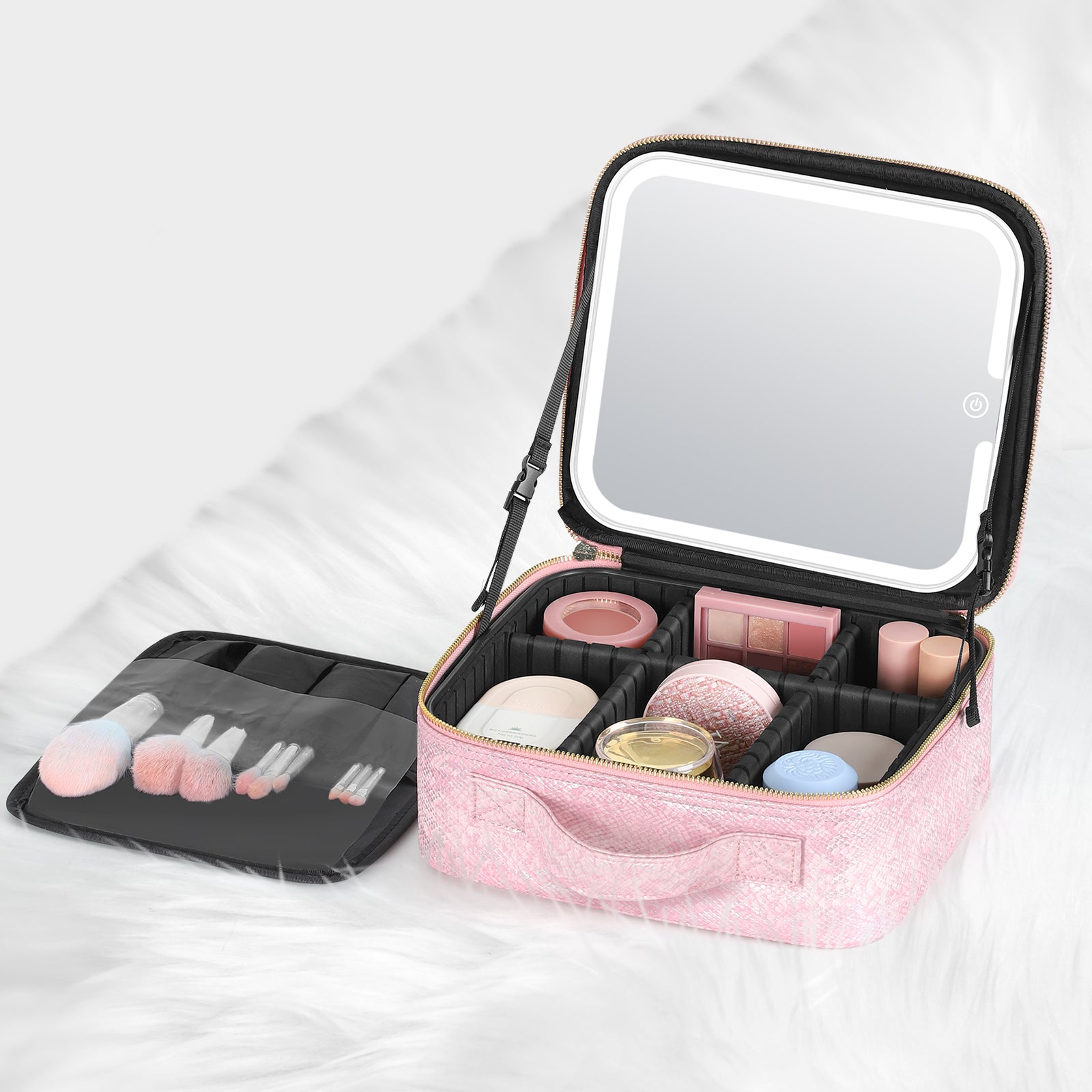 LED Makeup Travel Case with Mirror, 3 Adjustable Light Modes Portable Cosmetic Bag with Adjustable Dividers, Waterproof Pink Snake-Print Makeup Organizer for Women