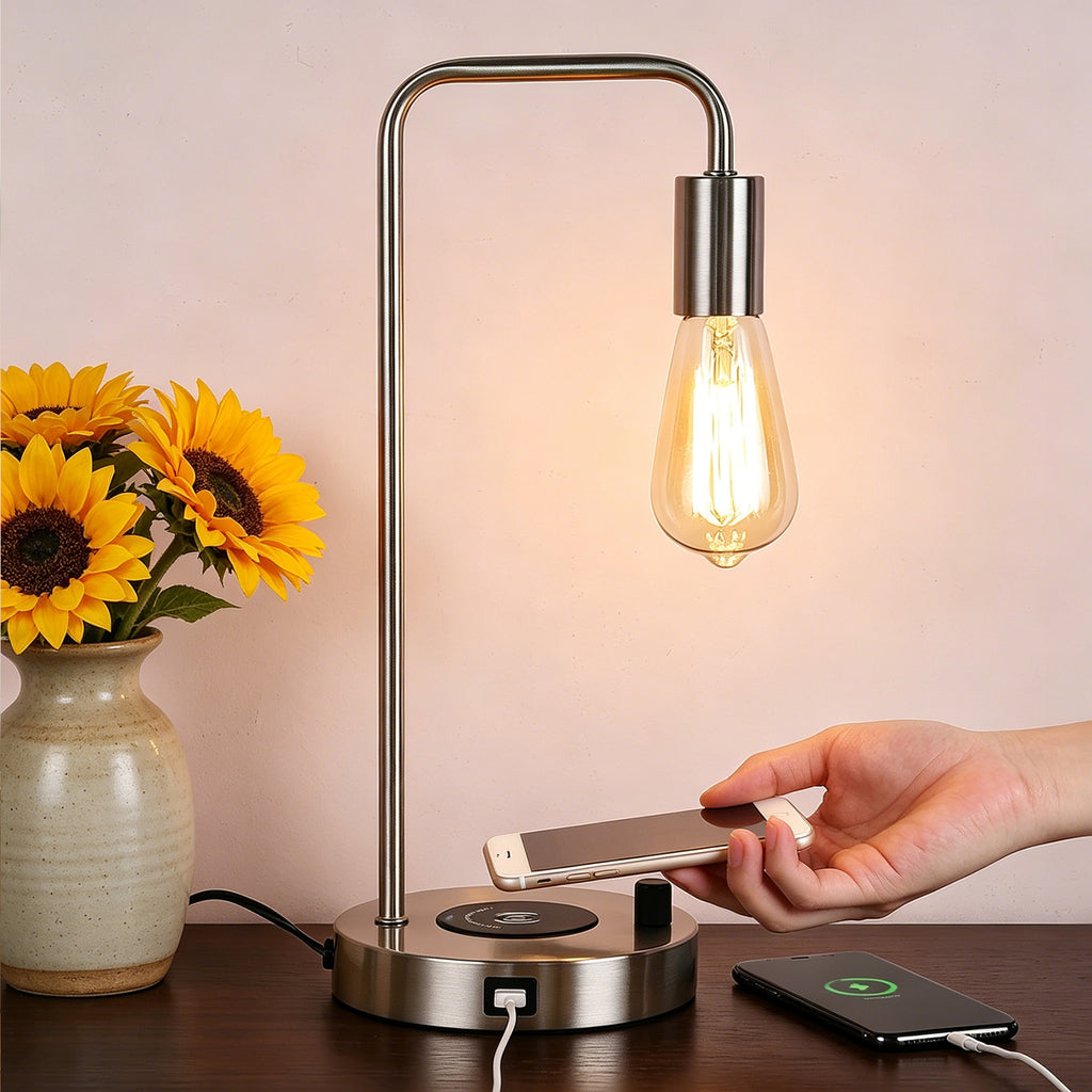 Satin Nickel Nightstand Lamp with Integrated Wireless Charging Station and USB Port, Edison Style Table Light for Home or Office