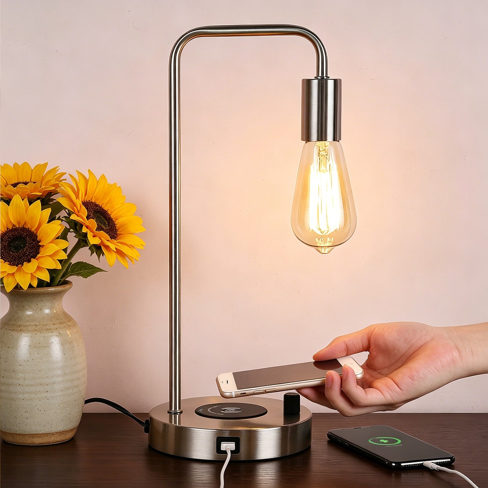 Satin Nickel Nightstand Lamp with Integrated Wireless Charging Station and USB Port, Edison Style Table Light for Home or Office