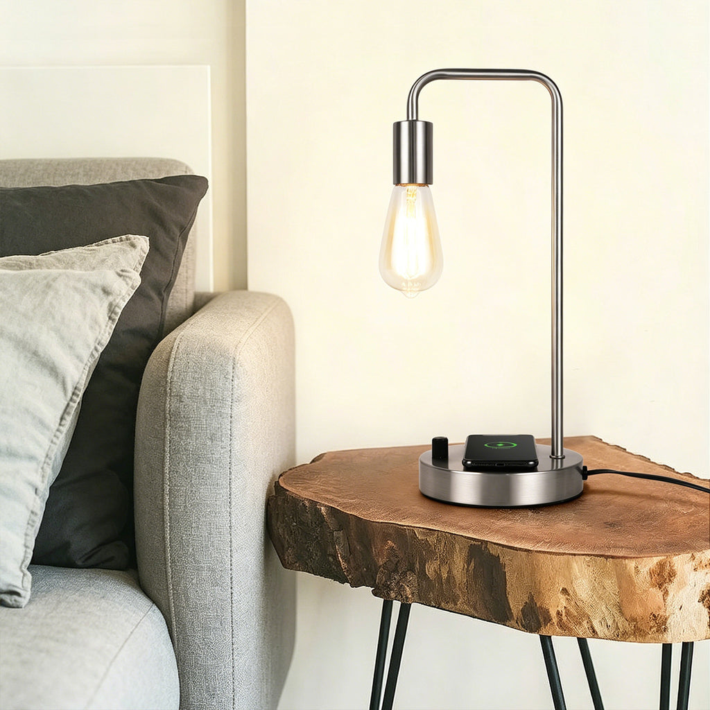 Satin Nickel Nightstand Lamp with Integrated Wireless Charging Station and USB Port, Edison Style Table Light for Home or Office
