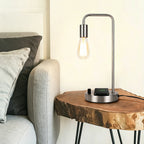 Satin Nickel Nightstand Lamp with Integrated Wireless Charging Station and USB Port, Edison Style Table Light for Home or Office