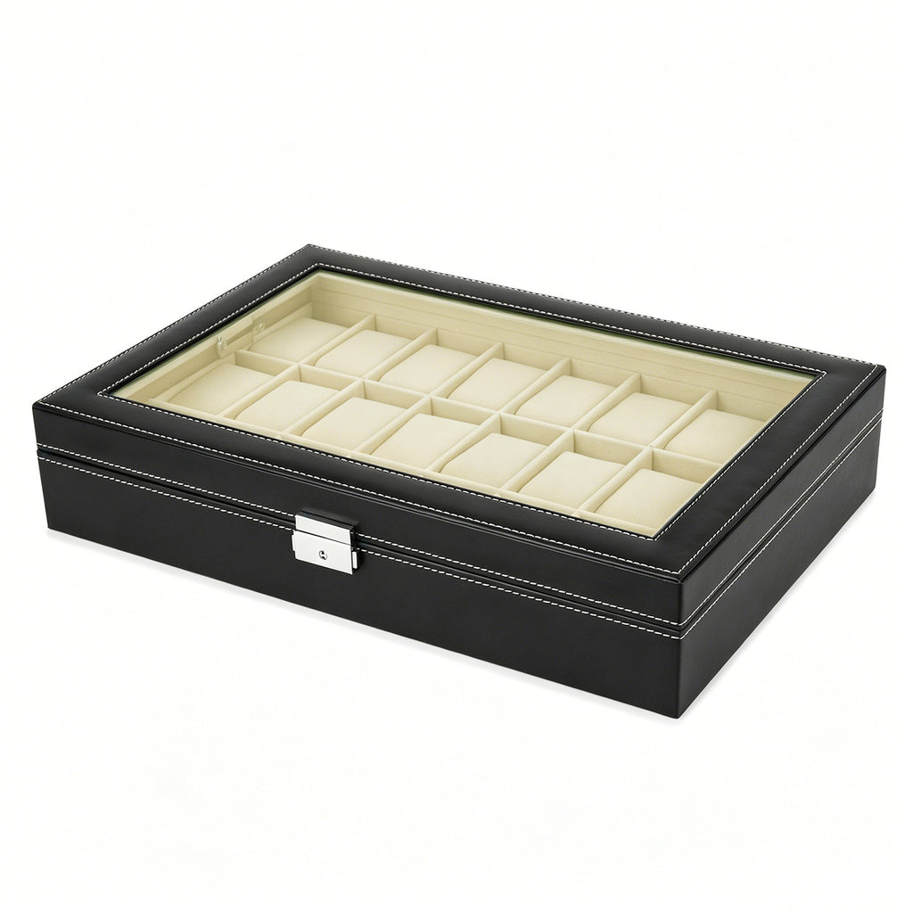 Large 24-Slot Men's Watch Display Case with Secure Lock and Clear Viewing Lid in Black Synthetic Leather