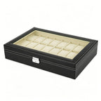 Large 24-Slot Men's Watch Display Case with Secure Lock and Clear Viewing Lid in Black Synthetic Leather